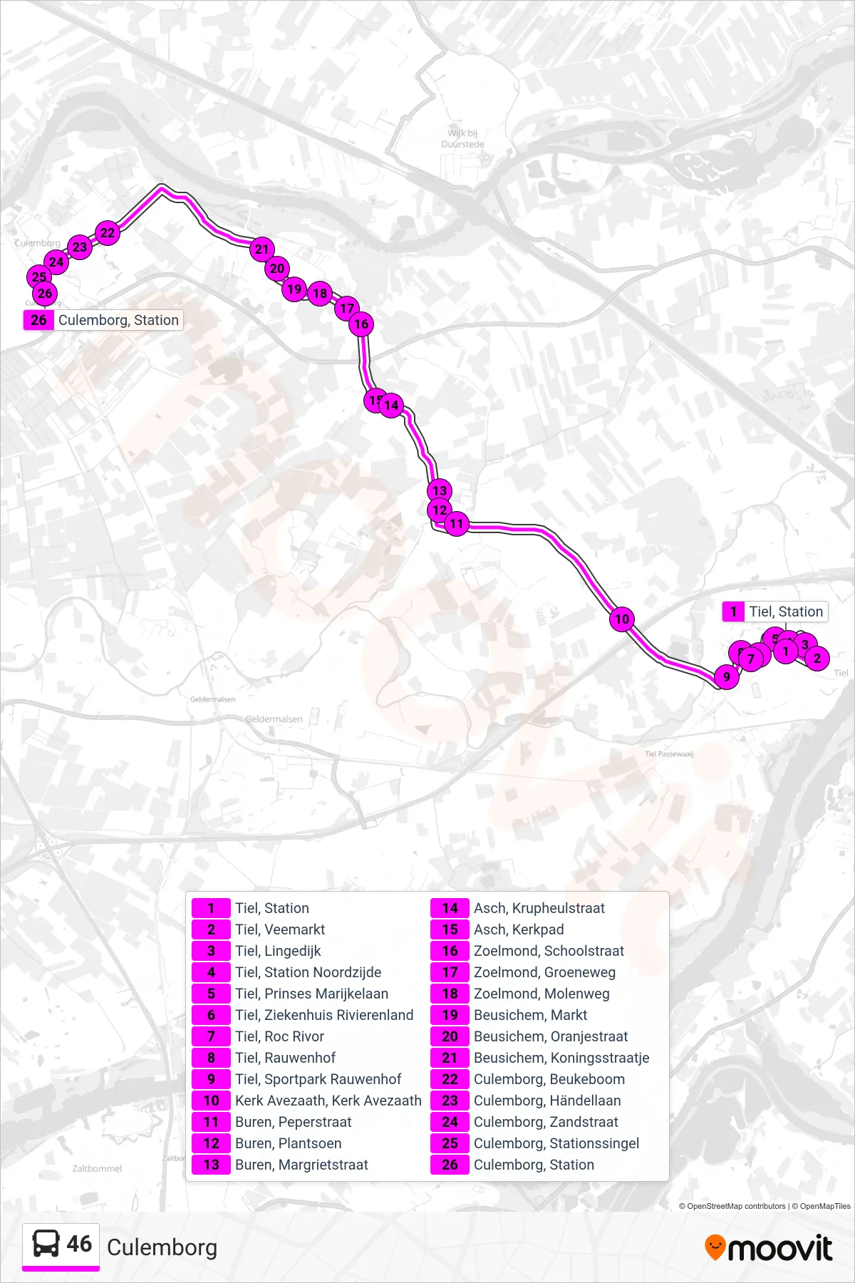 46 bus Line (Culemborg) route and stops on a map