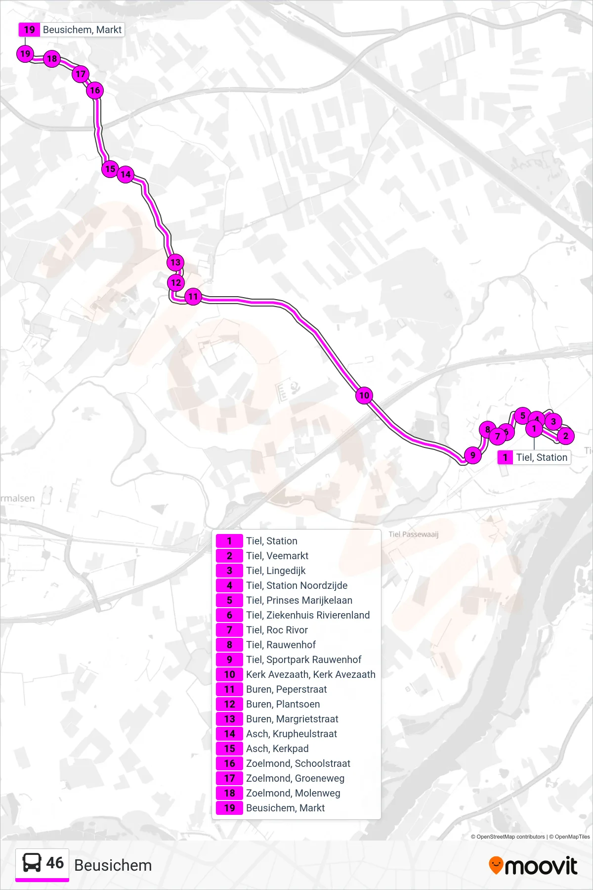 46 bus Line (Beusichem) route and stops on a map