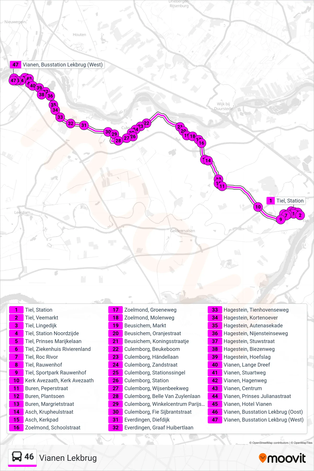 46 bus Line (Vianen Lekbrug) route and stops on a map