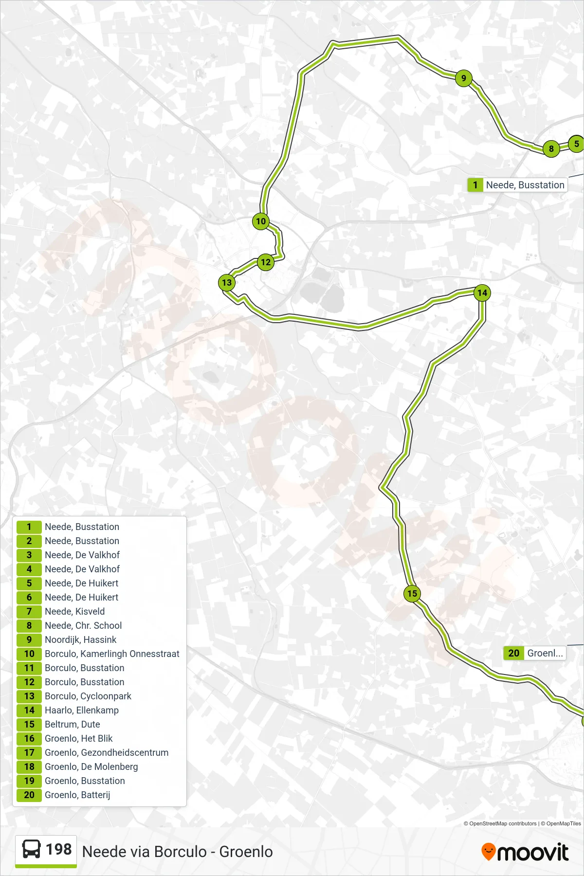 Lijn 198 (bus, Groenlo): route en haltes op de kaart