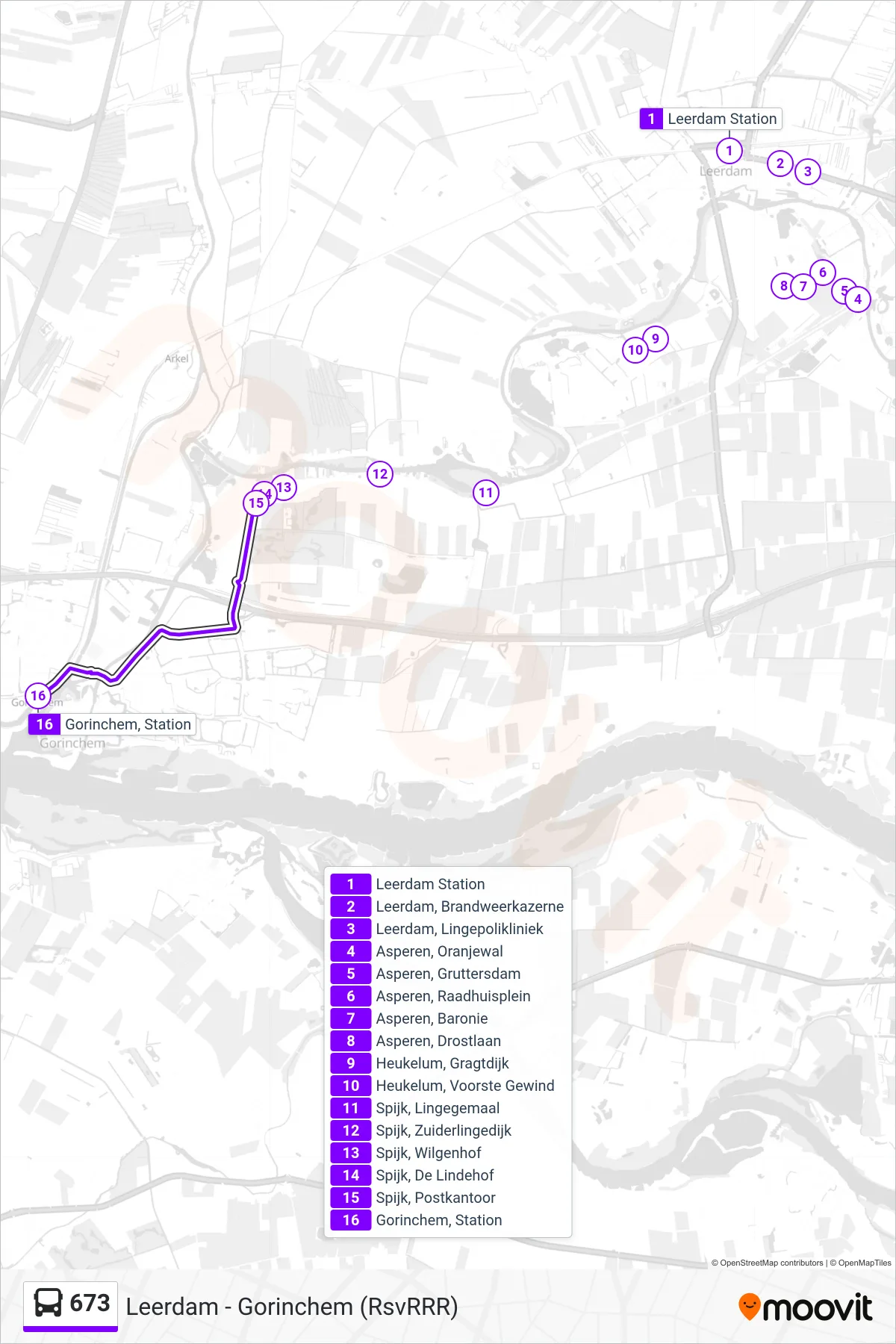 673 bus Line (Gorinchem) route and stops on a map