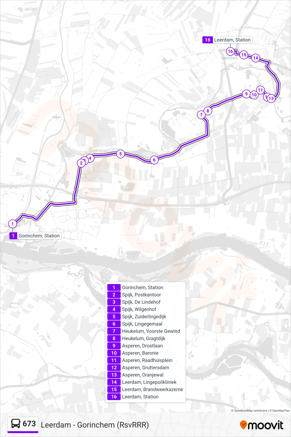 673 bus Line (Leerdam) route and stops on a map