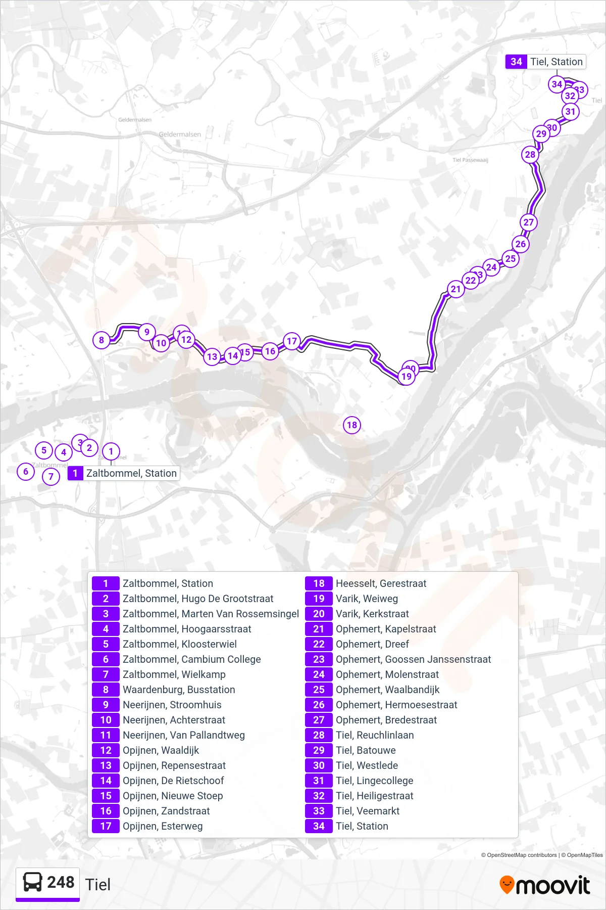 248 bus Line (Tiel) route and stops on a map