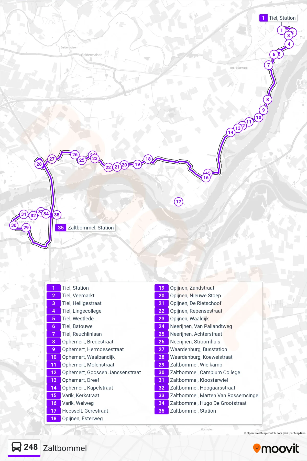 248 bus Line (Zaltbommel) route and stops on a map