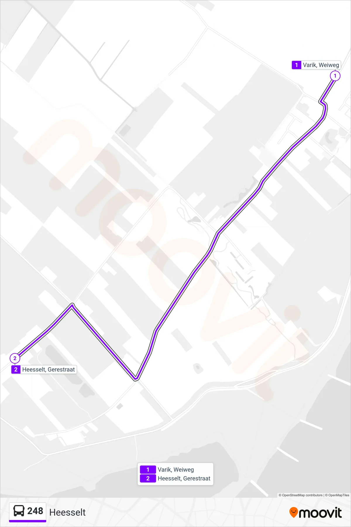 248 bus Line (Heesselt) route and stops on a map