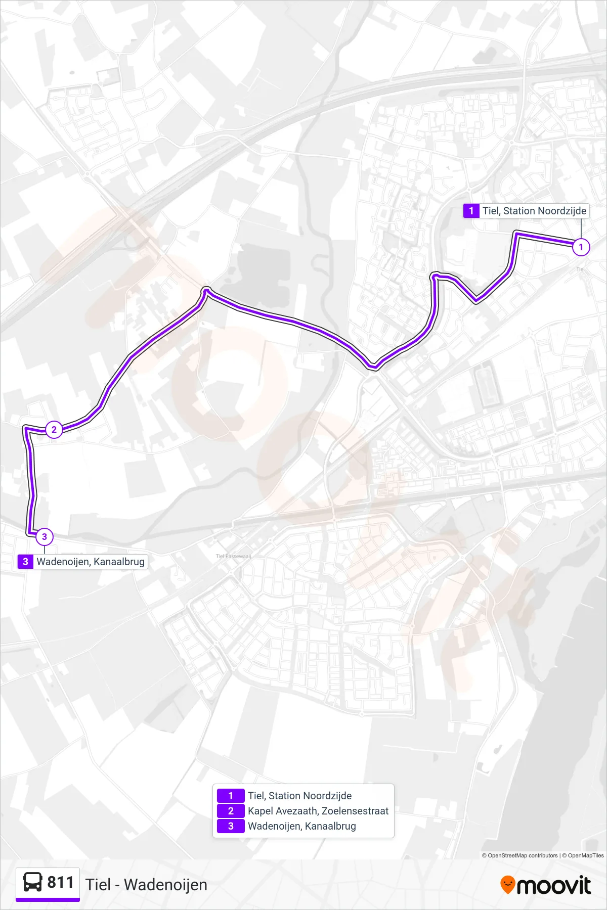 811 bus Line (Wadenoijen) route and stops on a map