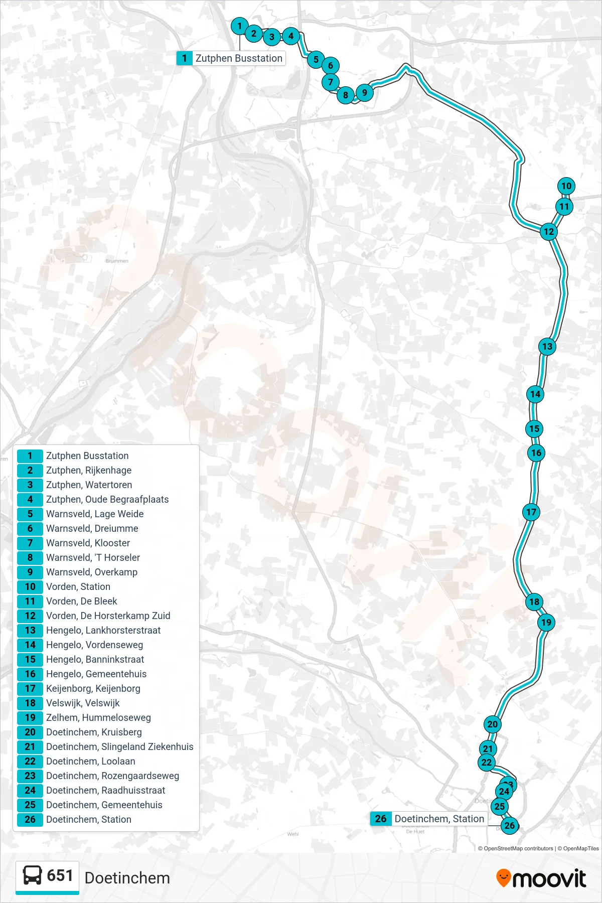 651 bus Line (Doetinchem) route and stops on a map