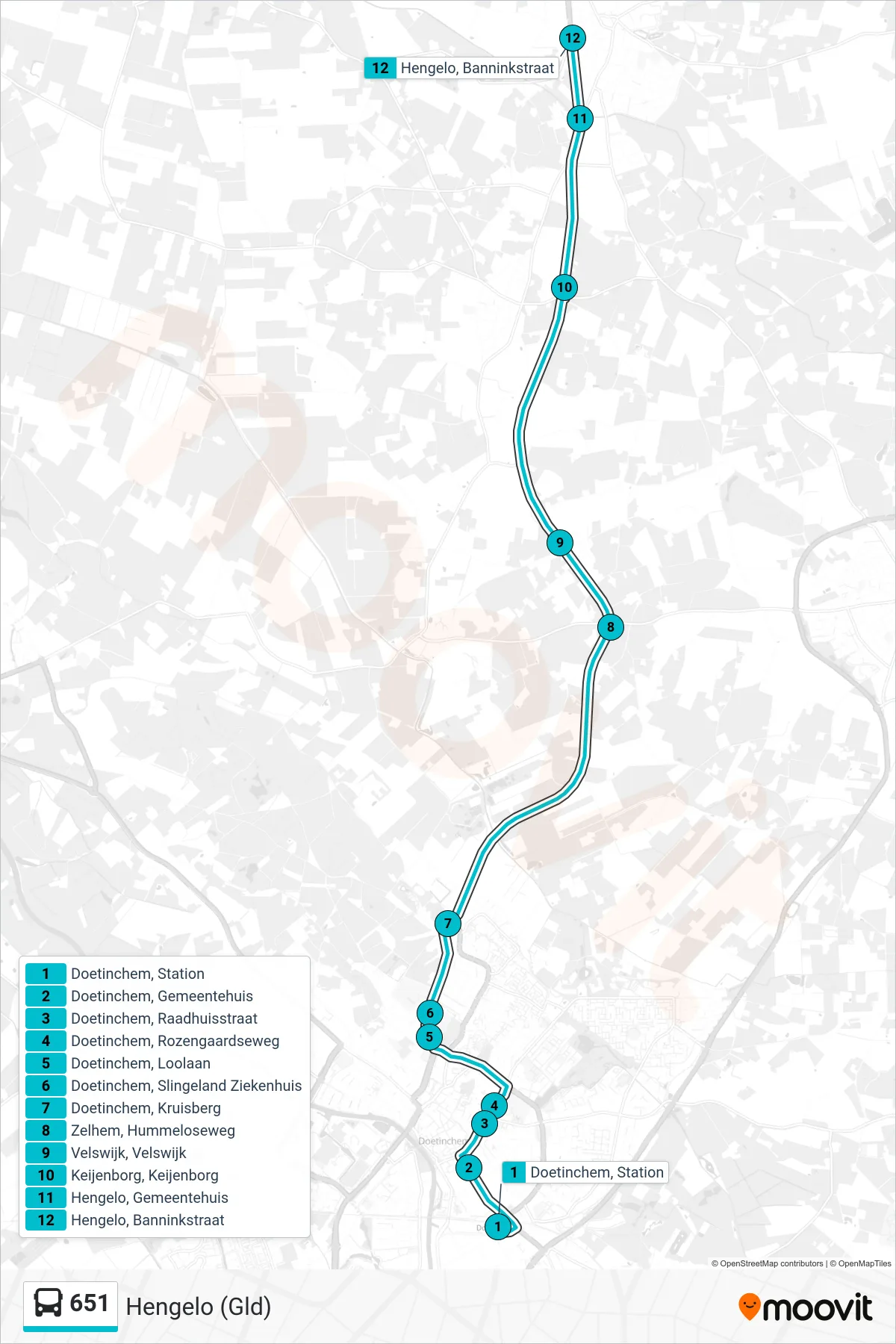651 bus Line (Hengelo (Gld)) route and stops on a map