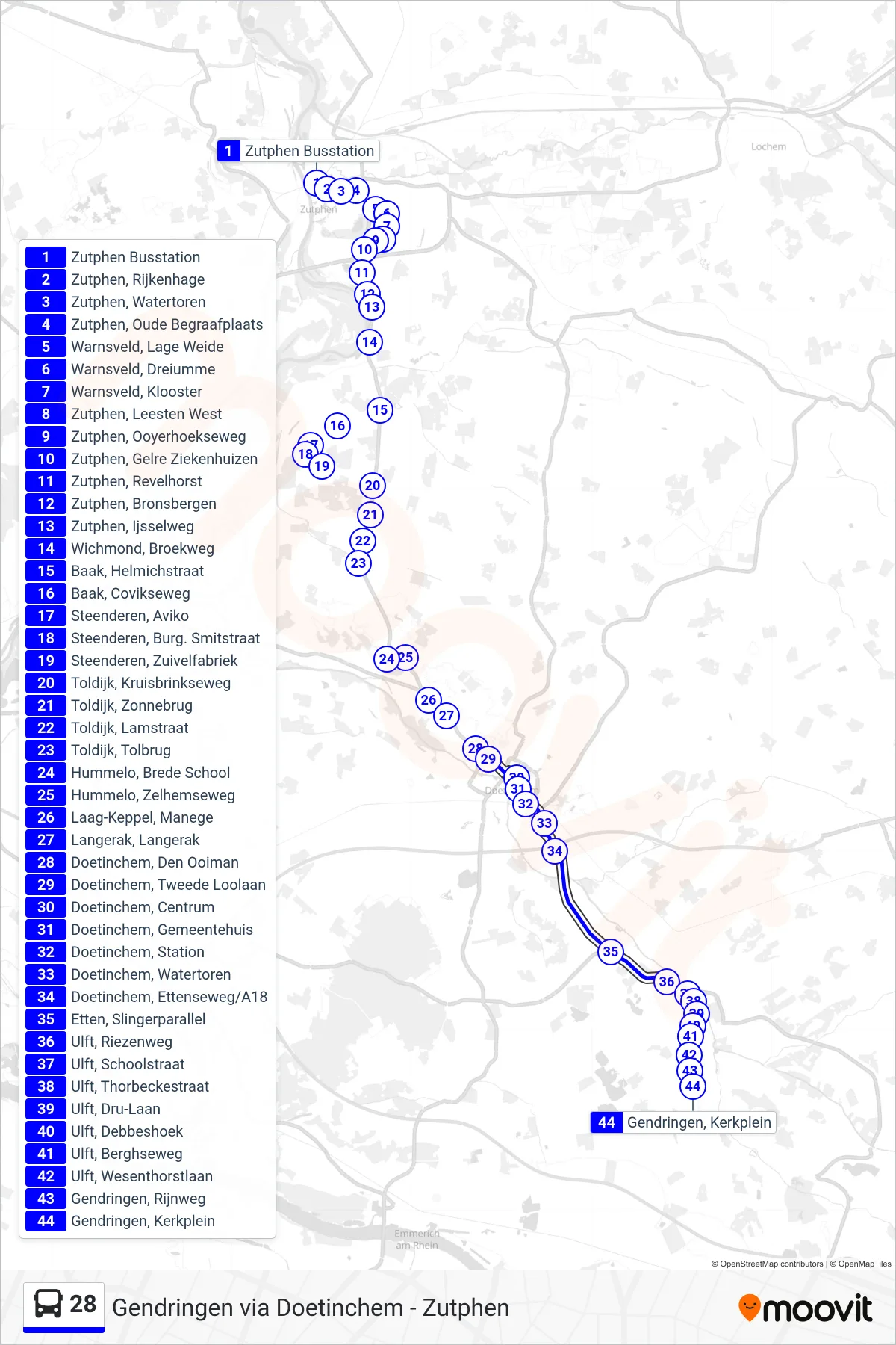 Lijn 28 (bus, Gendringen): route en haltes op de kaart