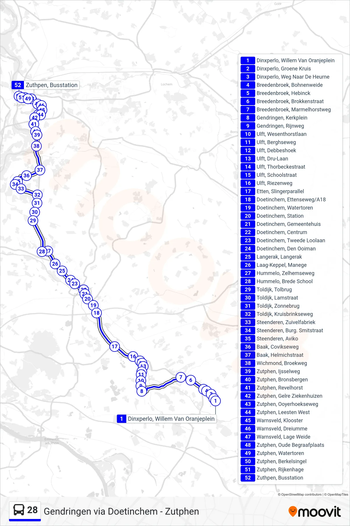 28 bus Line (Zutphen) route and stops on a map