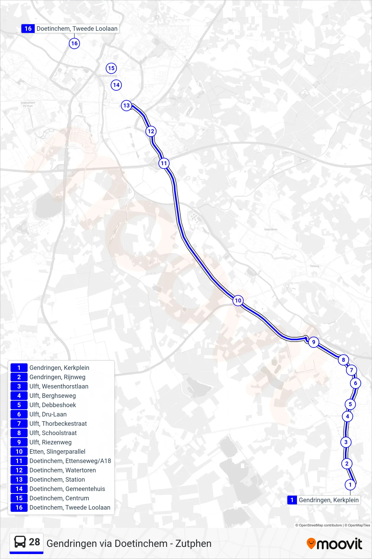 28 bus Line (Doetinchem) route and stops on a map