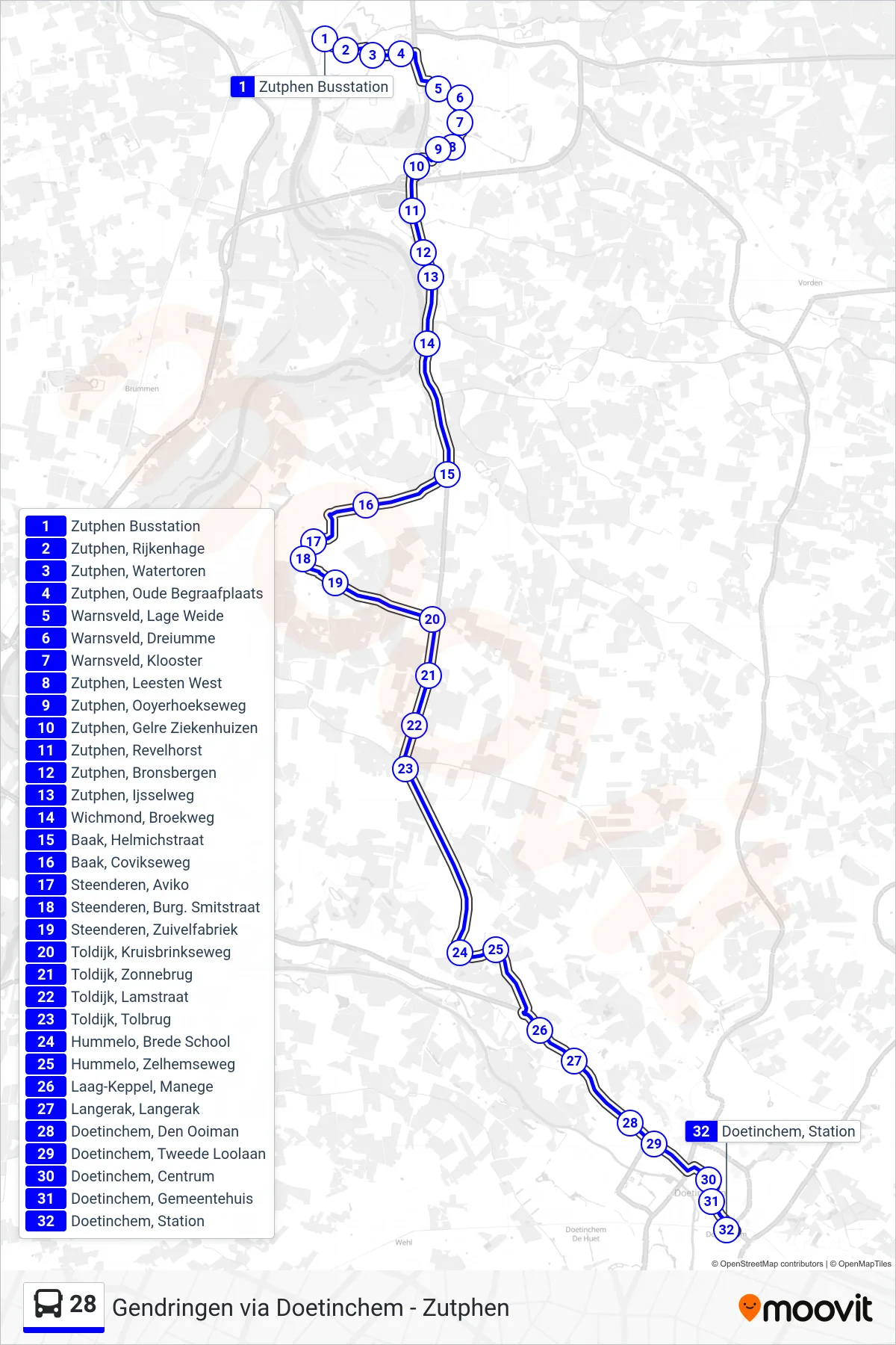 28 bus Line (Doetinchem) route and stops on a map
