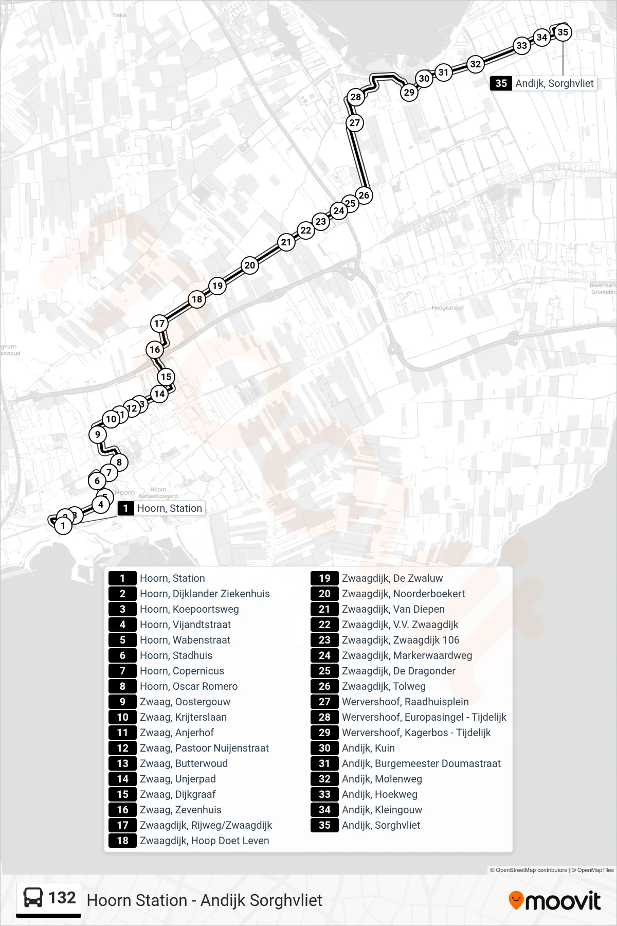 Lijn 132 (bus, Andijk Sorghvliet): route en haltes op de kaart
