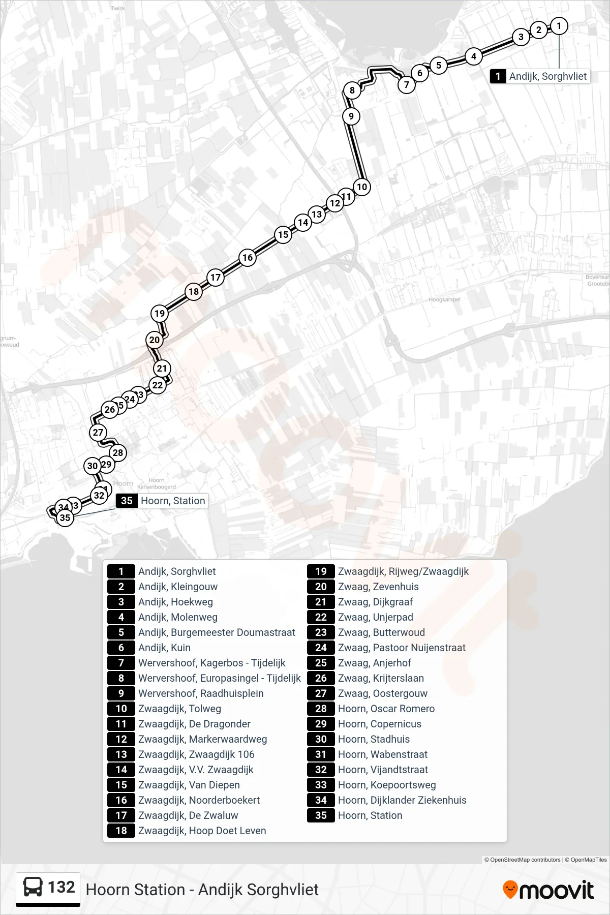 132 bus Line (Hoorn Station) route and stops on a map