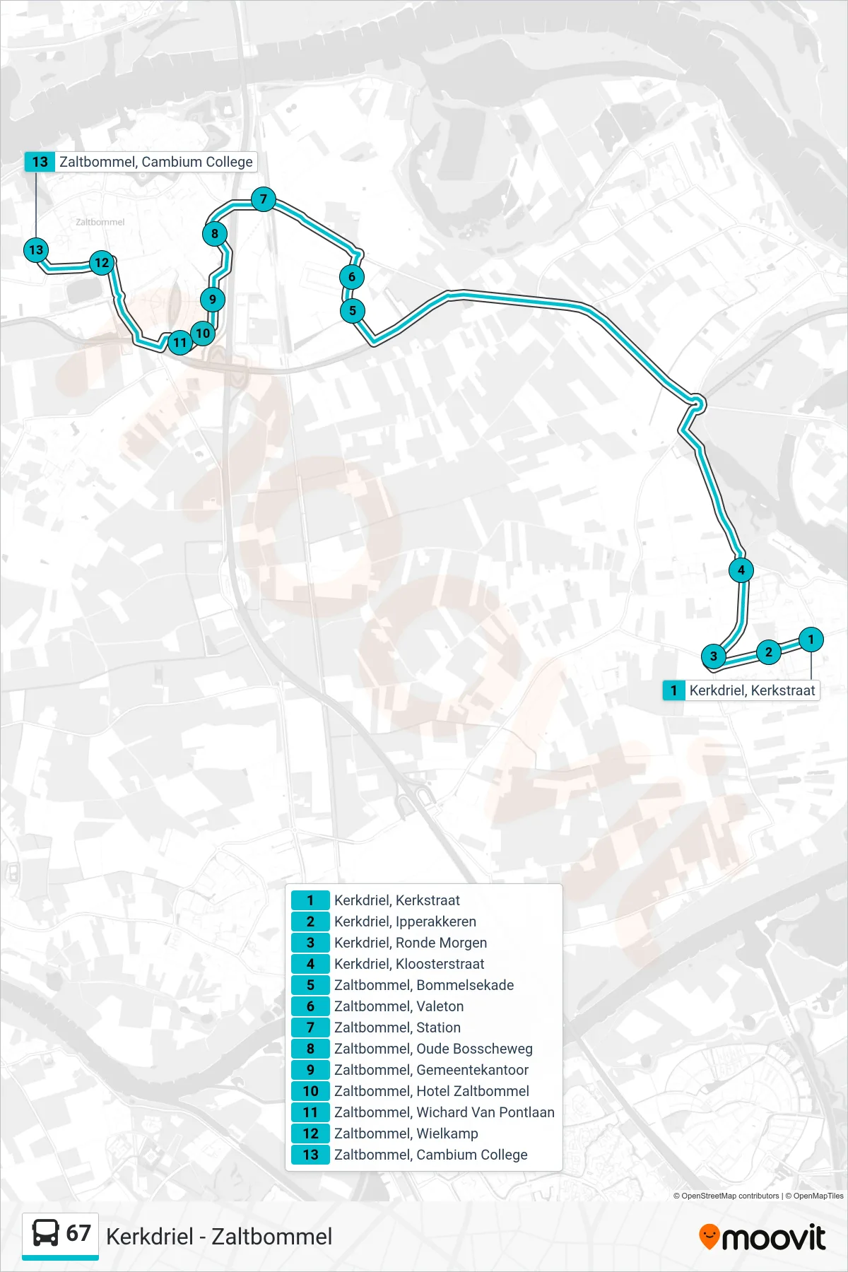 67 bus Line (Zaltbommel) route and stops on a map