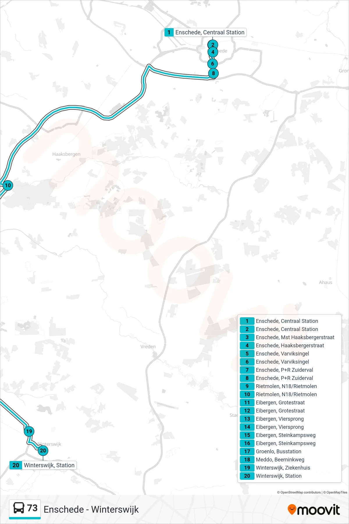 73 bus Line (Winterswijk) route and stops on a map