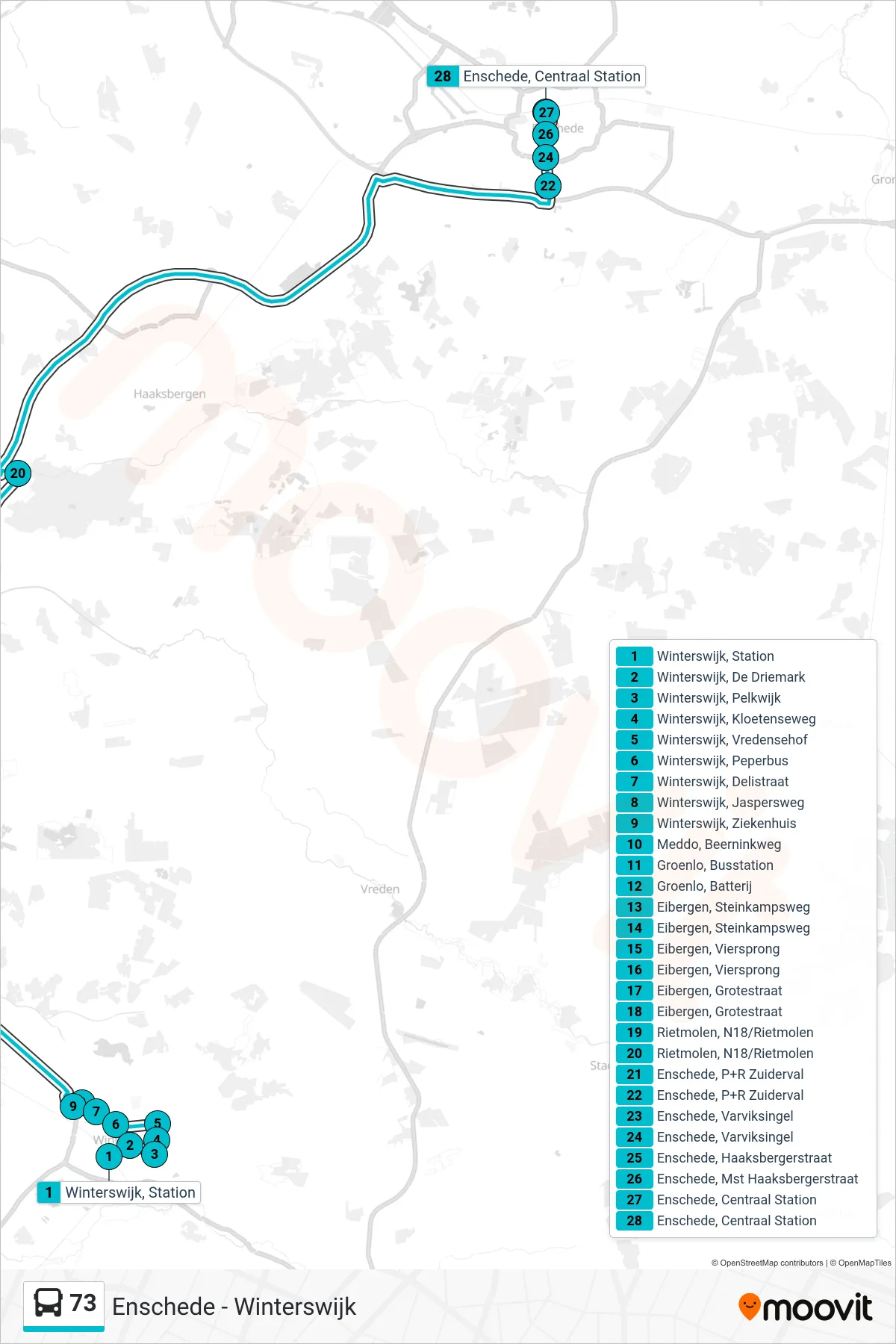Lijn 73 (bus, Enschede): route en haltes op de kaart
