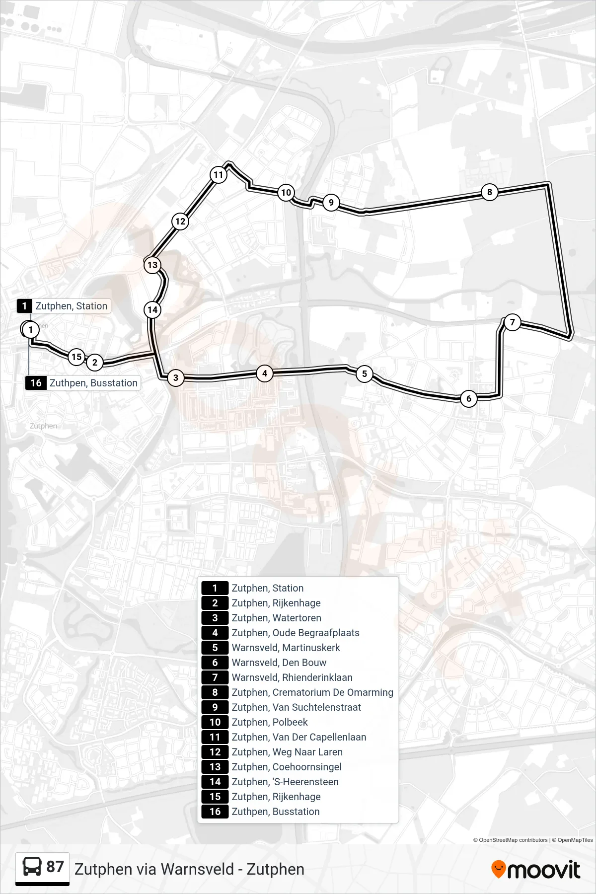 Lijn 87 (bus, Zutphen): route en haltes op de kaart