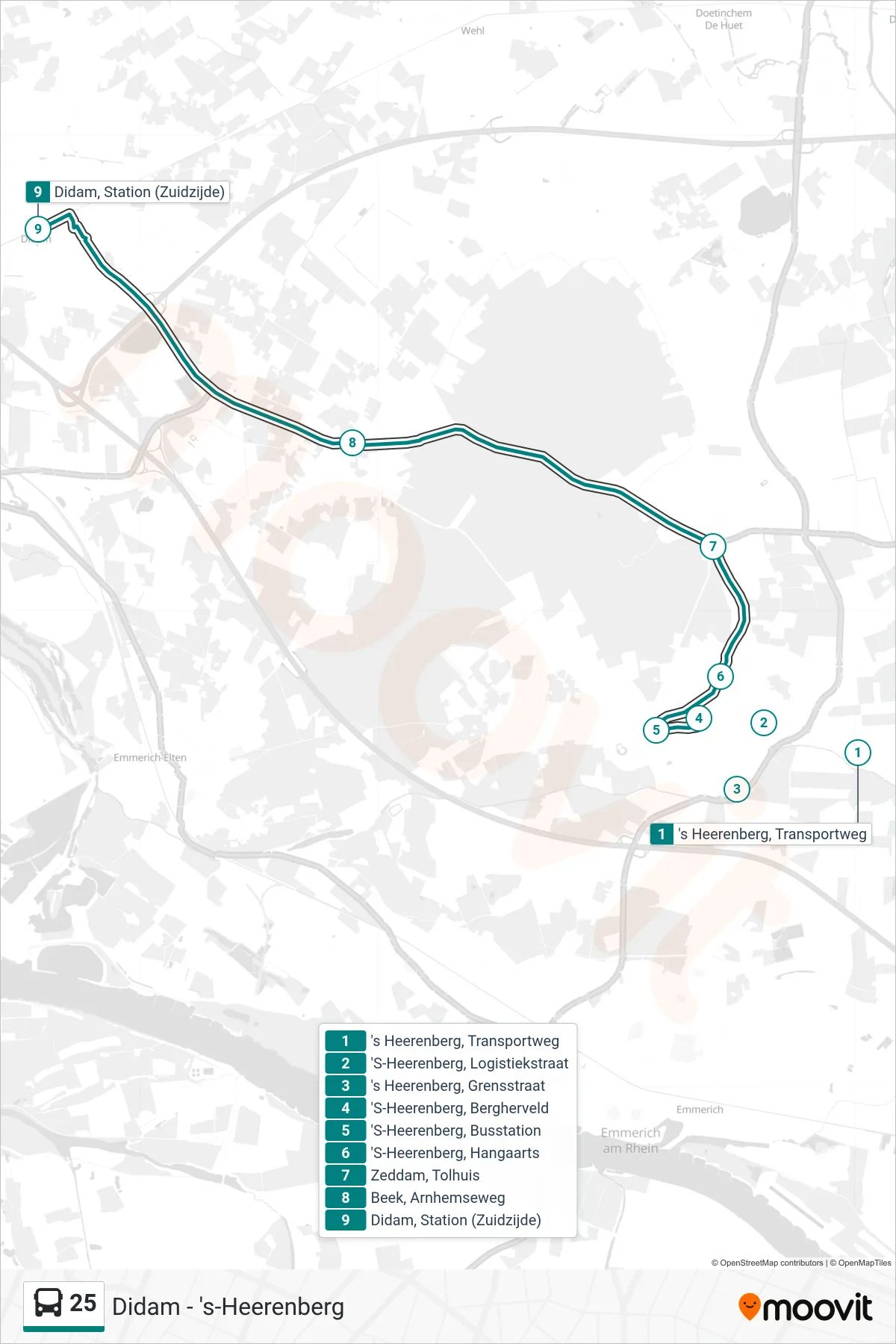 Lijn 25 (bus, Didam): route en haltes op de kaart