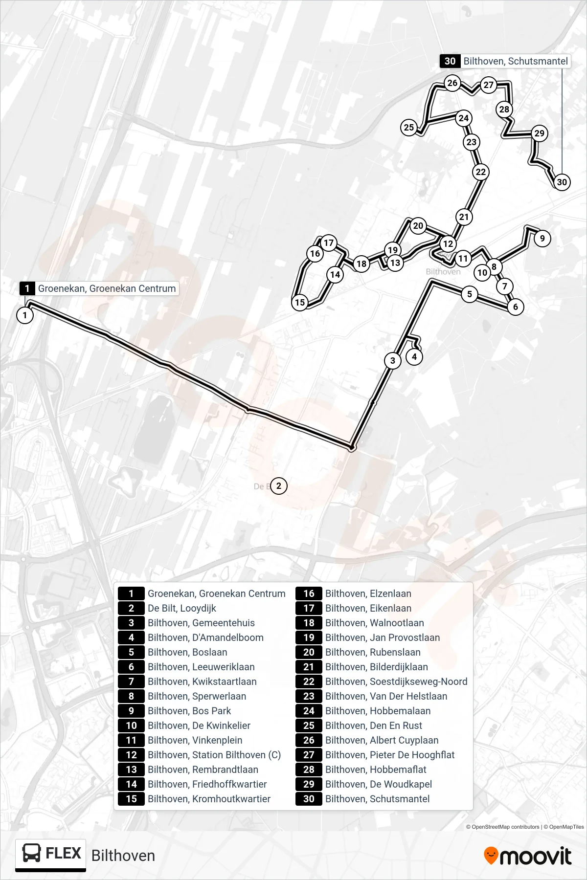 Lijn FLEX (bus, Bilthoven): route en haltes op de kaart