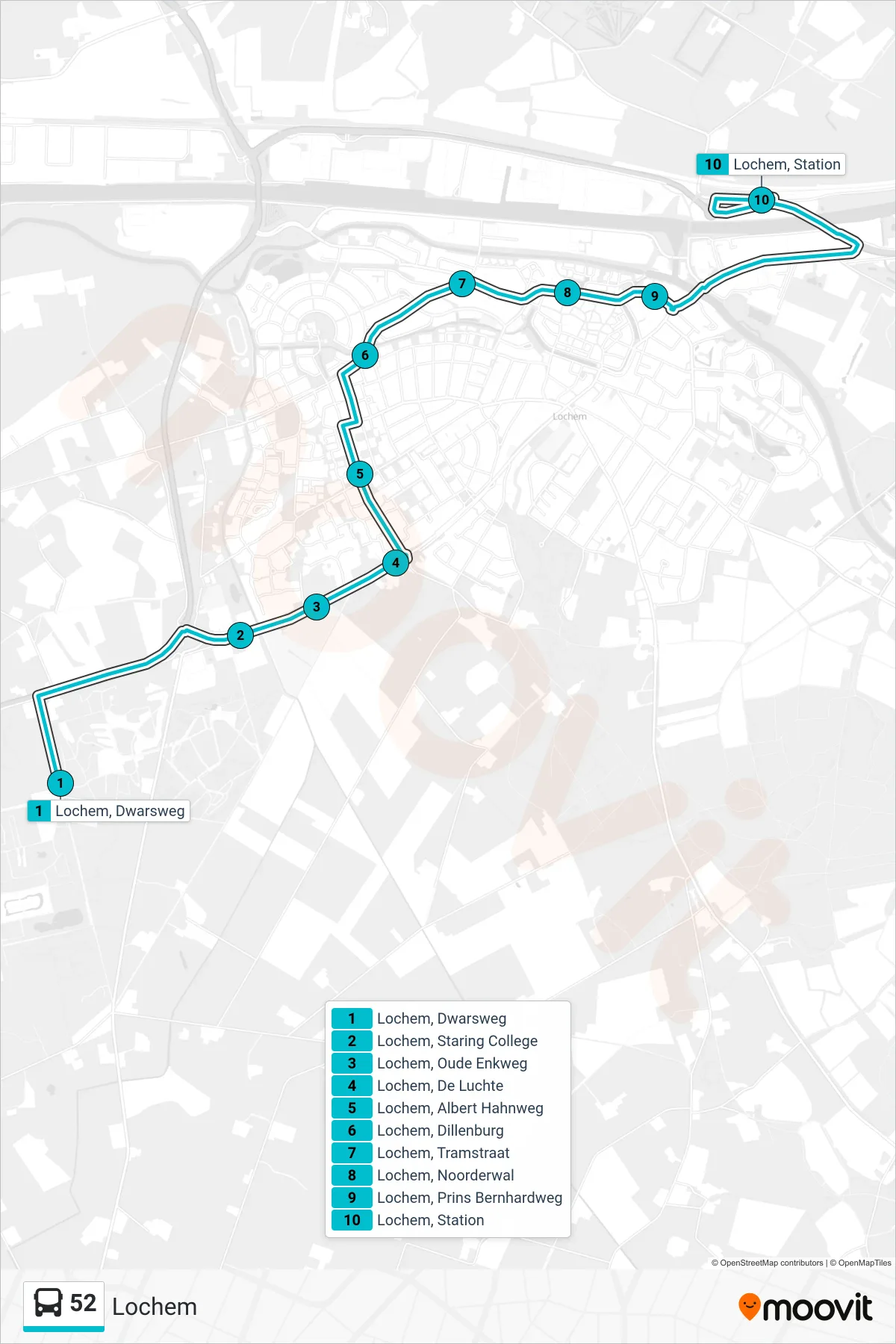 52 bus Line (Lochem) route and stops on a map
