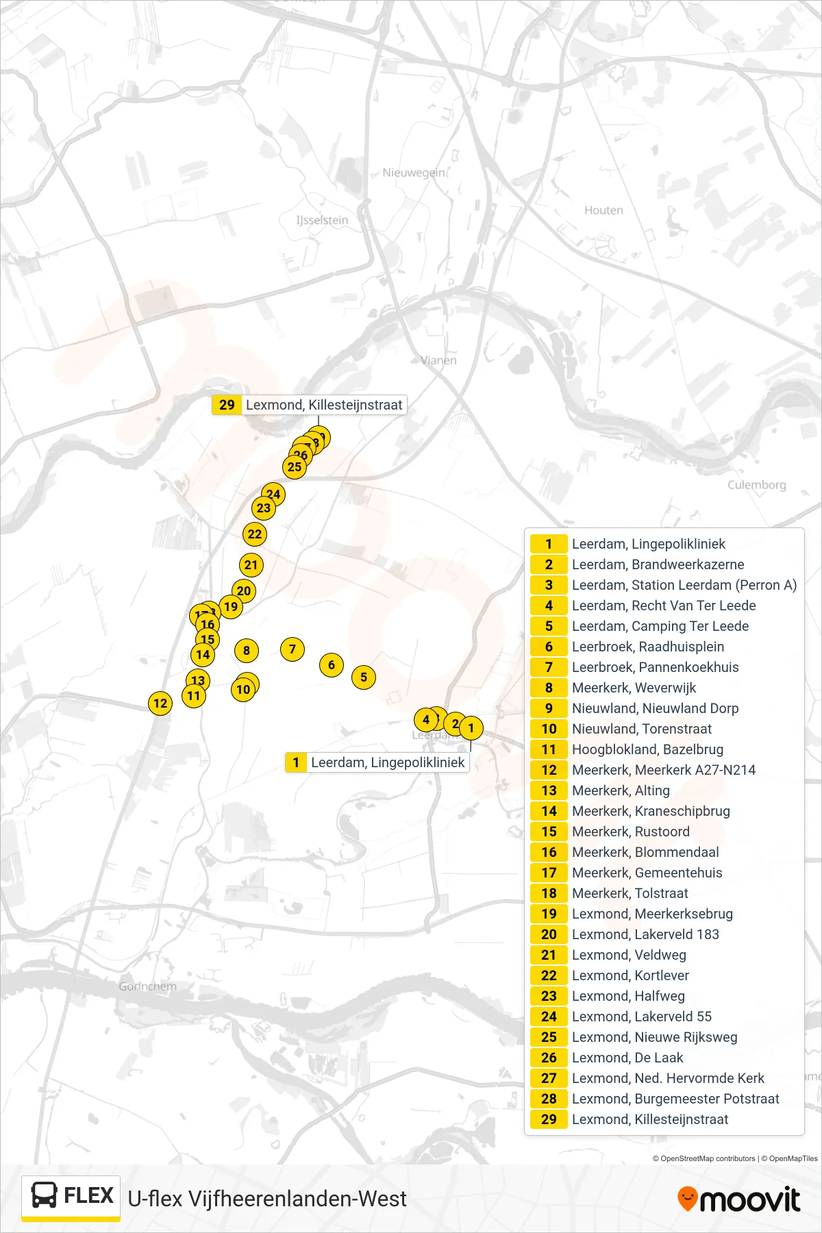 FLEX bus Line (Lexmond) route and stops on a map