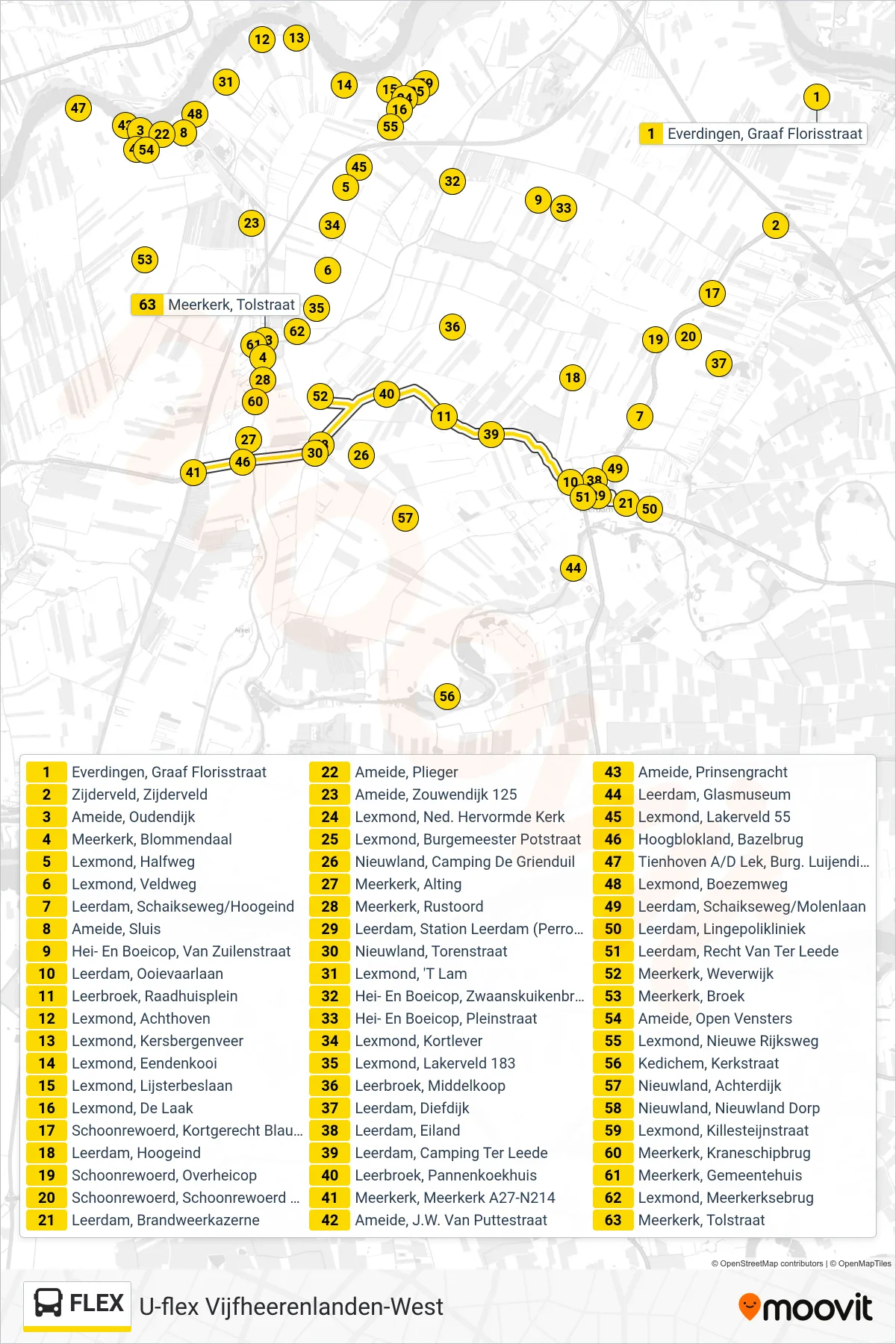 FLEX bus Line (Meerkerk) route and stops on a map
