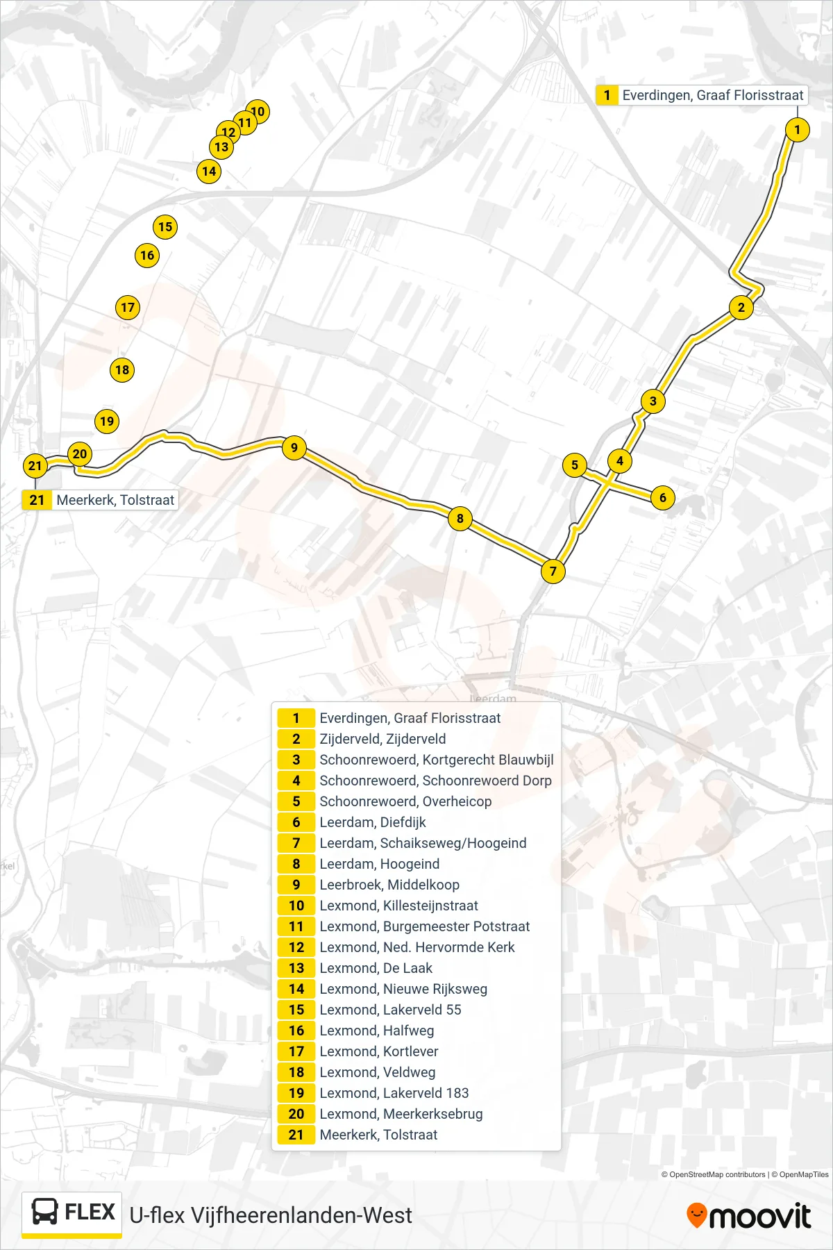FLEX bus Line (Meerkerk) route and stops on a map