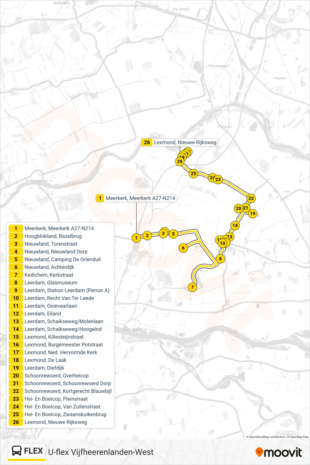 FLEX bus Line (Lexmond) route and stops on a map