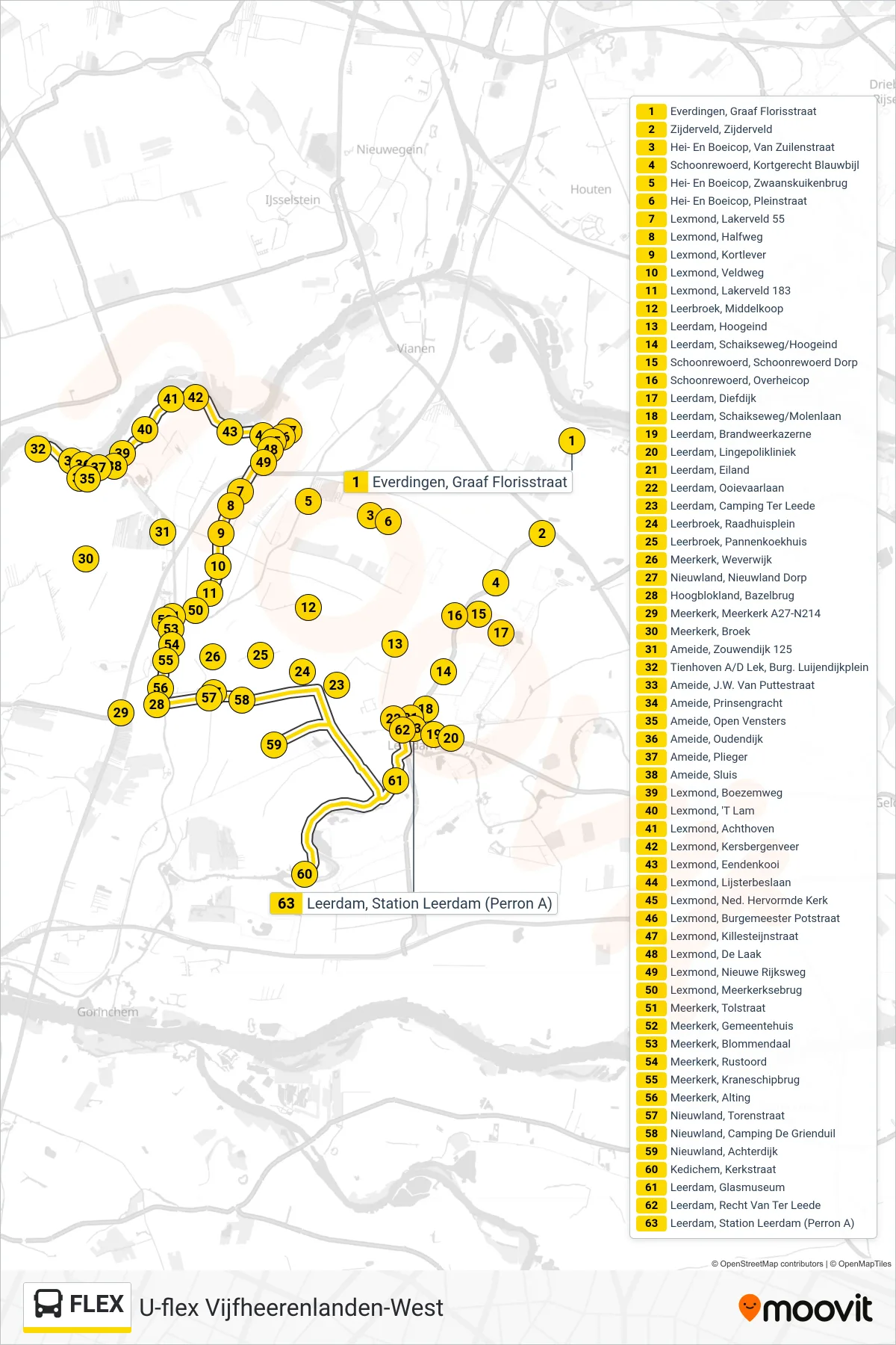 Lijn FLEX (bus, Leerdam): route en haltes op de kaart