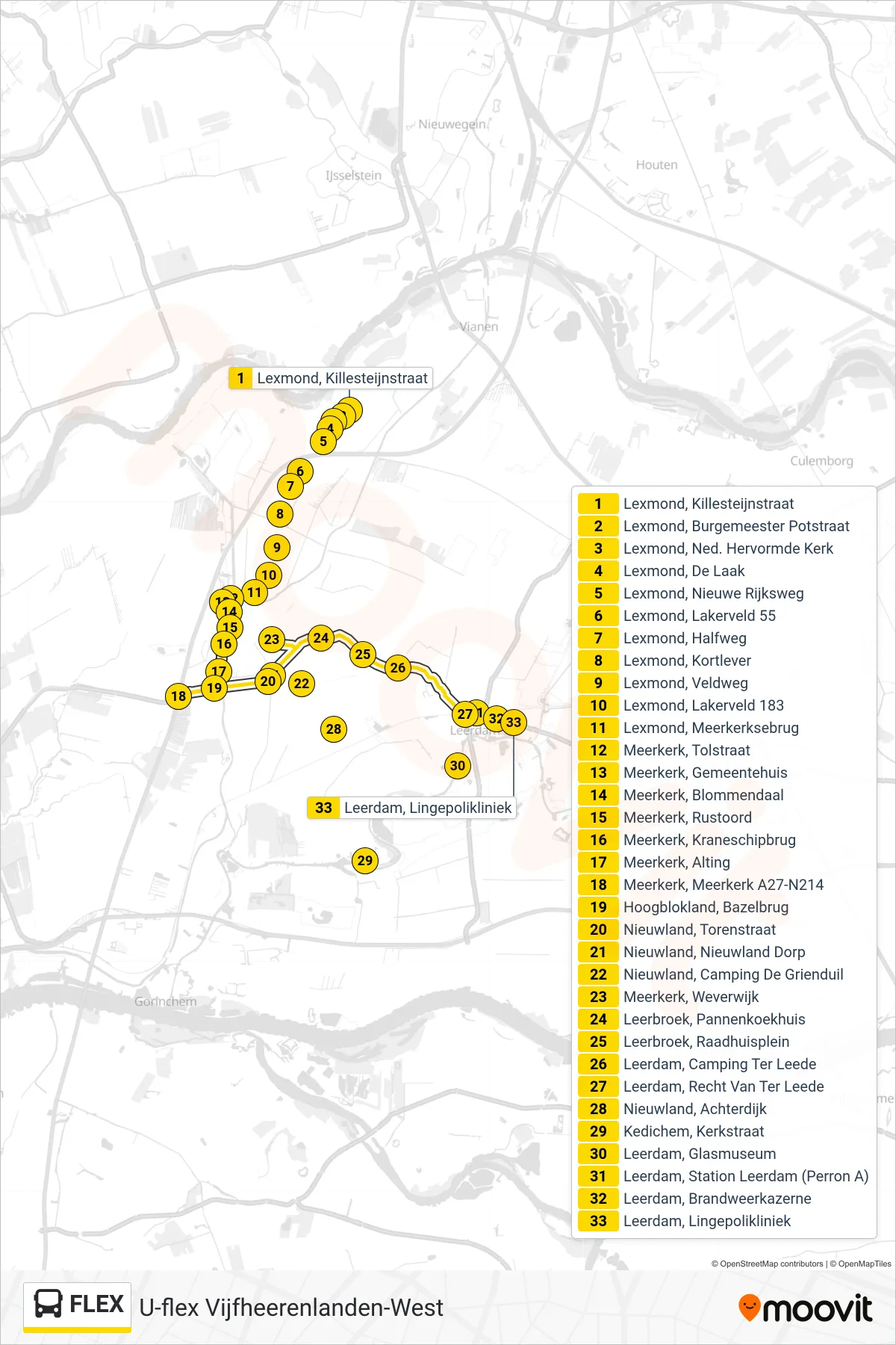 FLEX bus Line (Leerdam) route and stops on a map