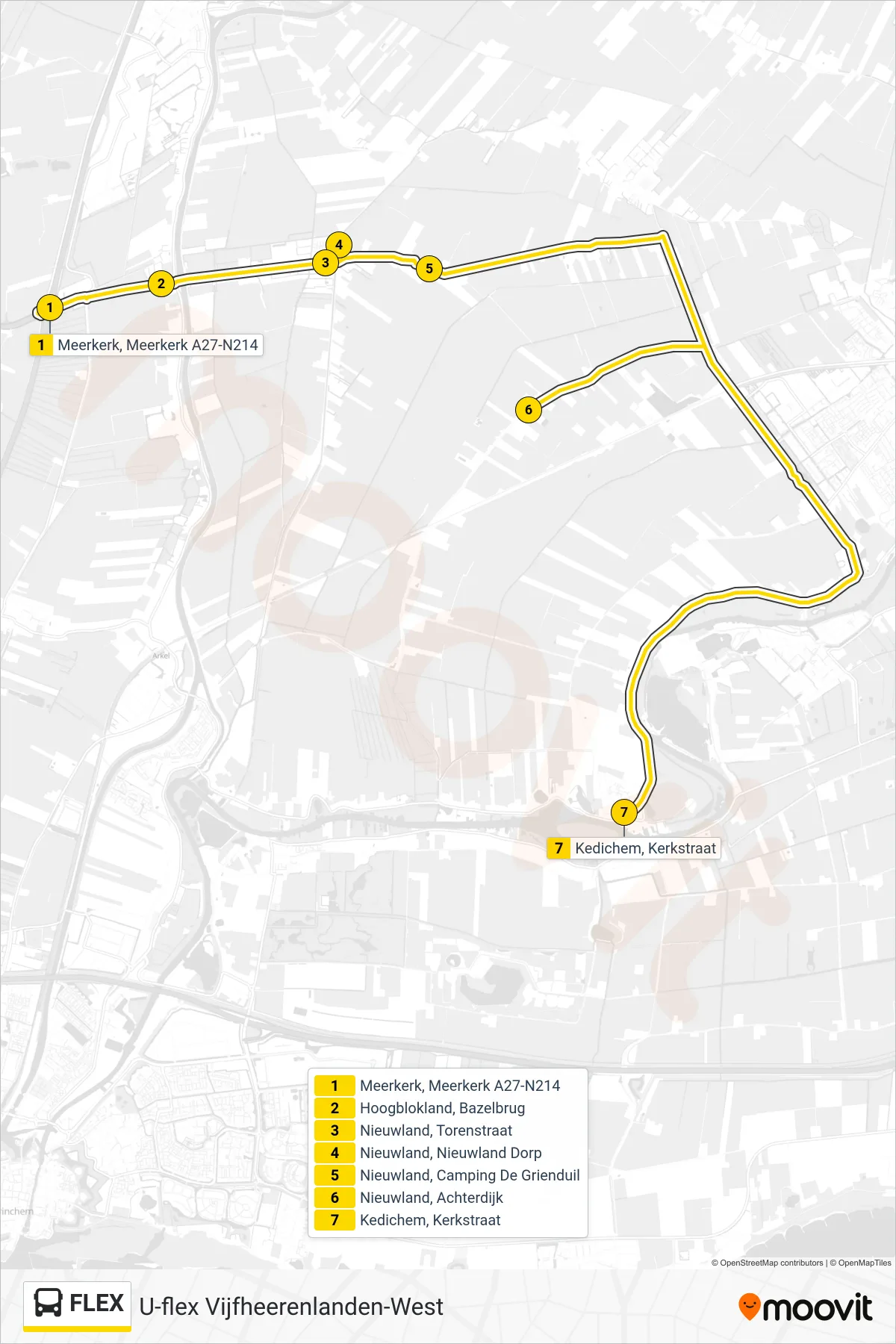 FLEX bus Line (Kedichem) route and stops on a map