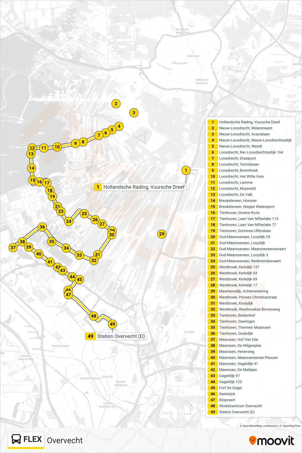 FLEX bus Line (Overvecht) route and stops on a map