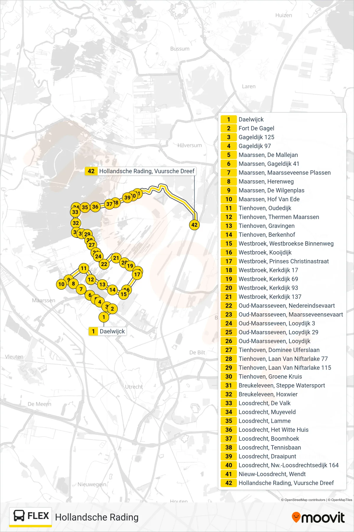 FLEX bus Line (Hollandsche Rading) route and stops on a map