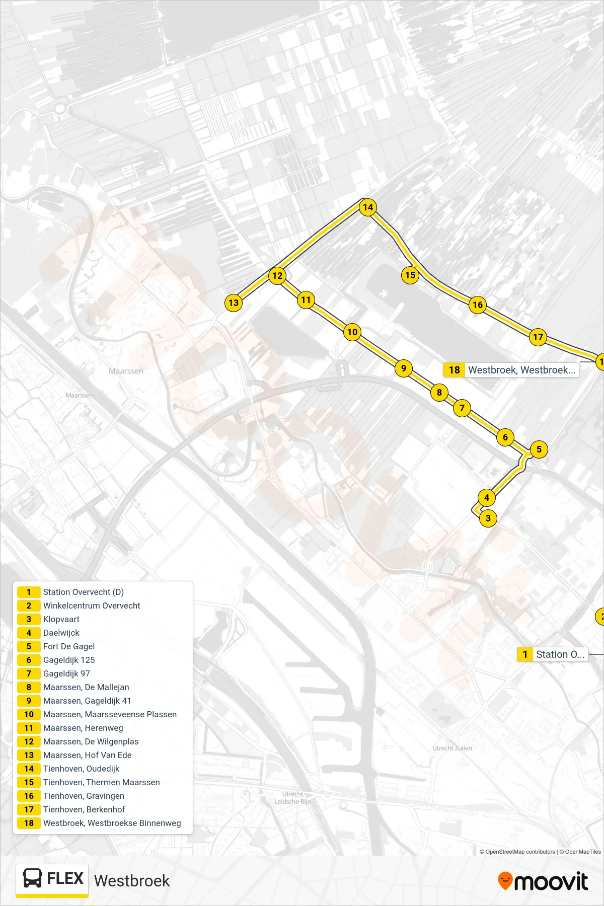 FLEX bus Line (Westbroek) route and stops on a map