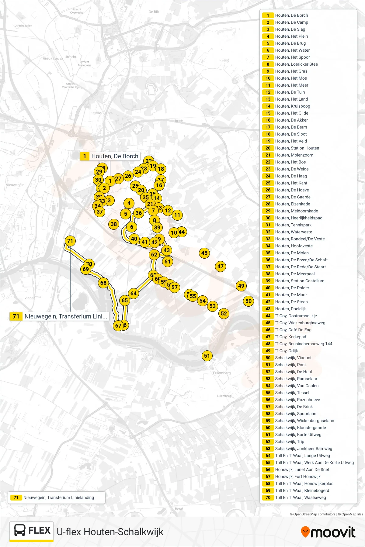 FLEX bus Line (Tull En 'T Waal) route and stops on a map