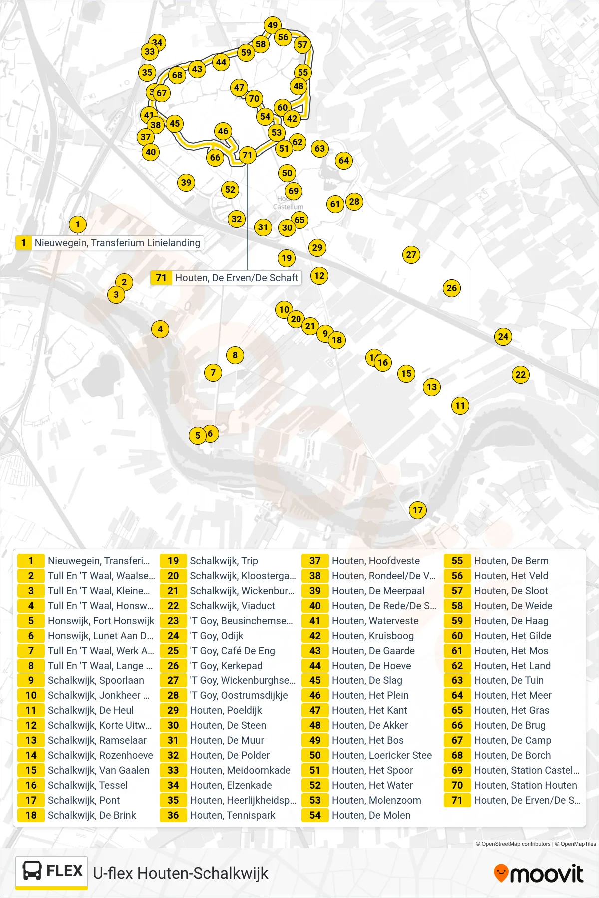 FLEX bus Line (Houten) route and stops on a map