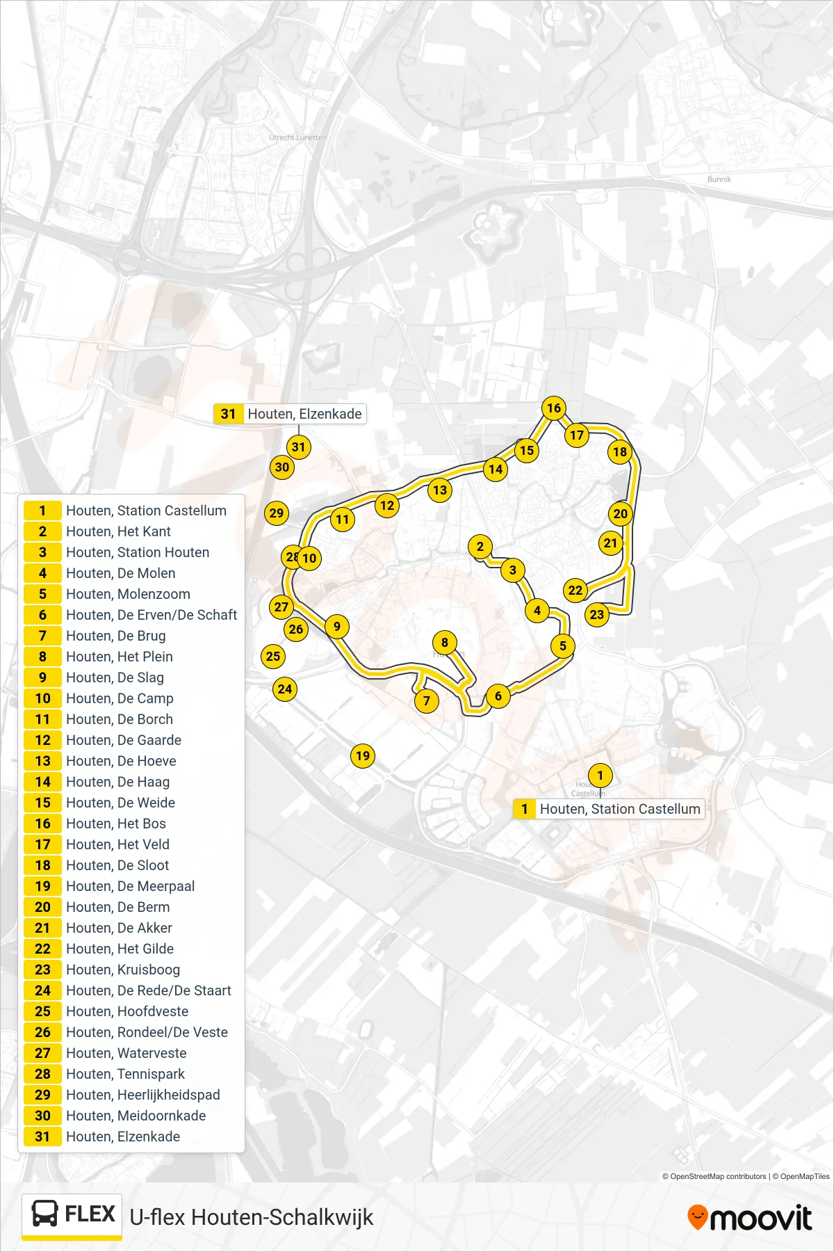 Lijn FLEX (bus, Houten): route en haltes op de kaart