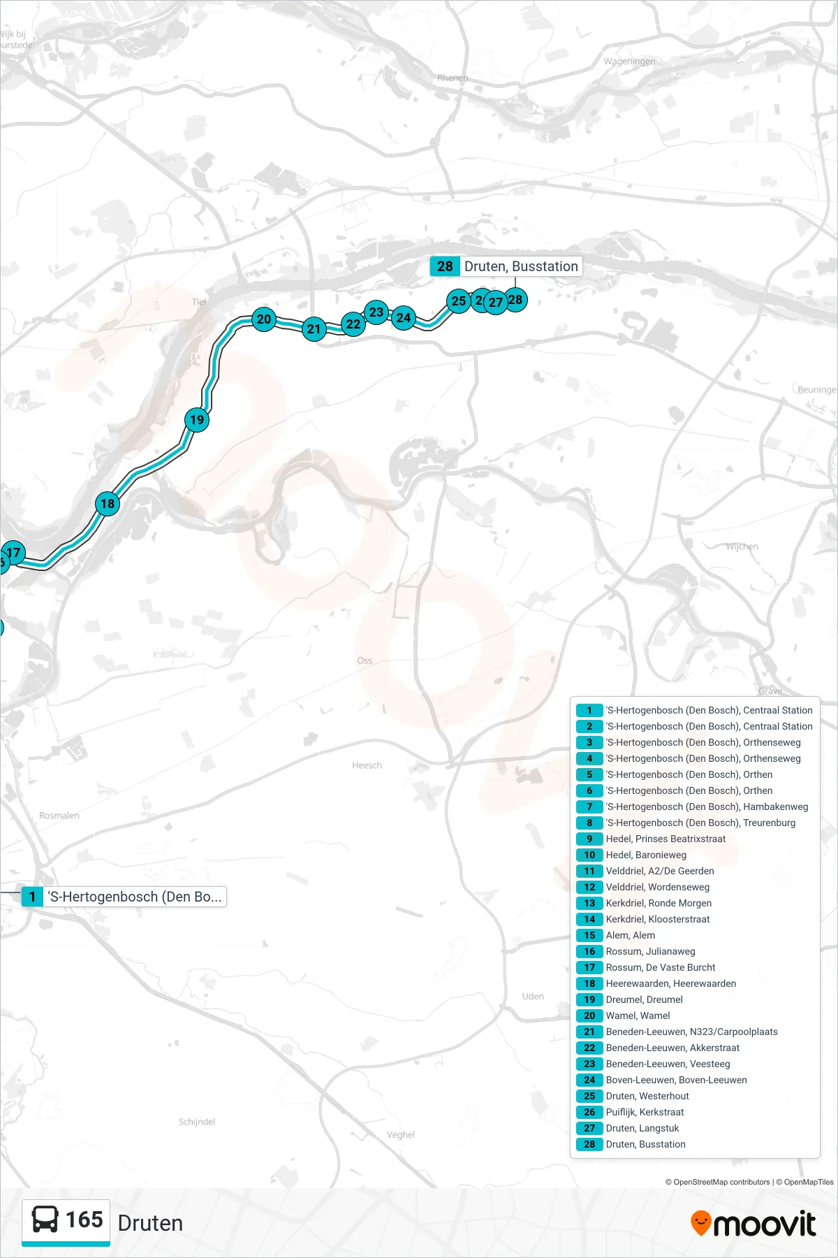 Lijn 165 (bus, Druten): route en haltes op de kaart