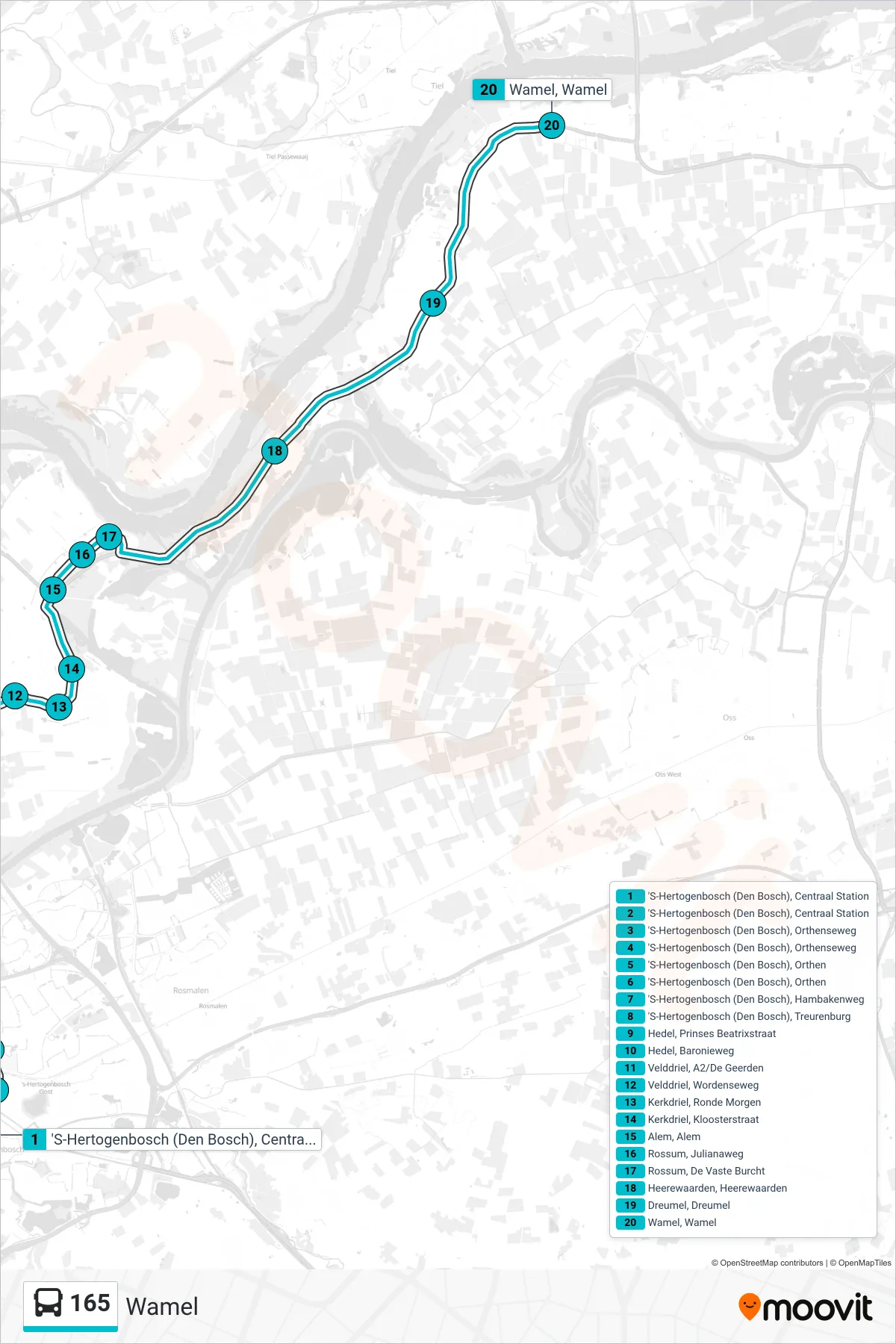 Lijn 165 (bus, Wamel): route en haltes op de kaart