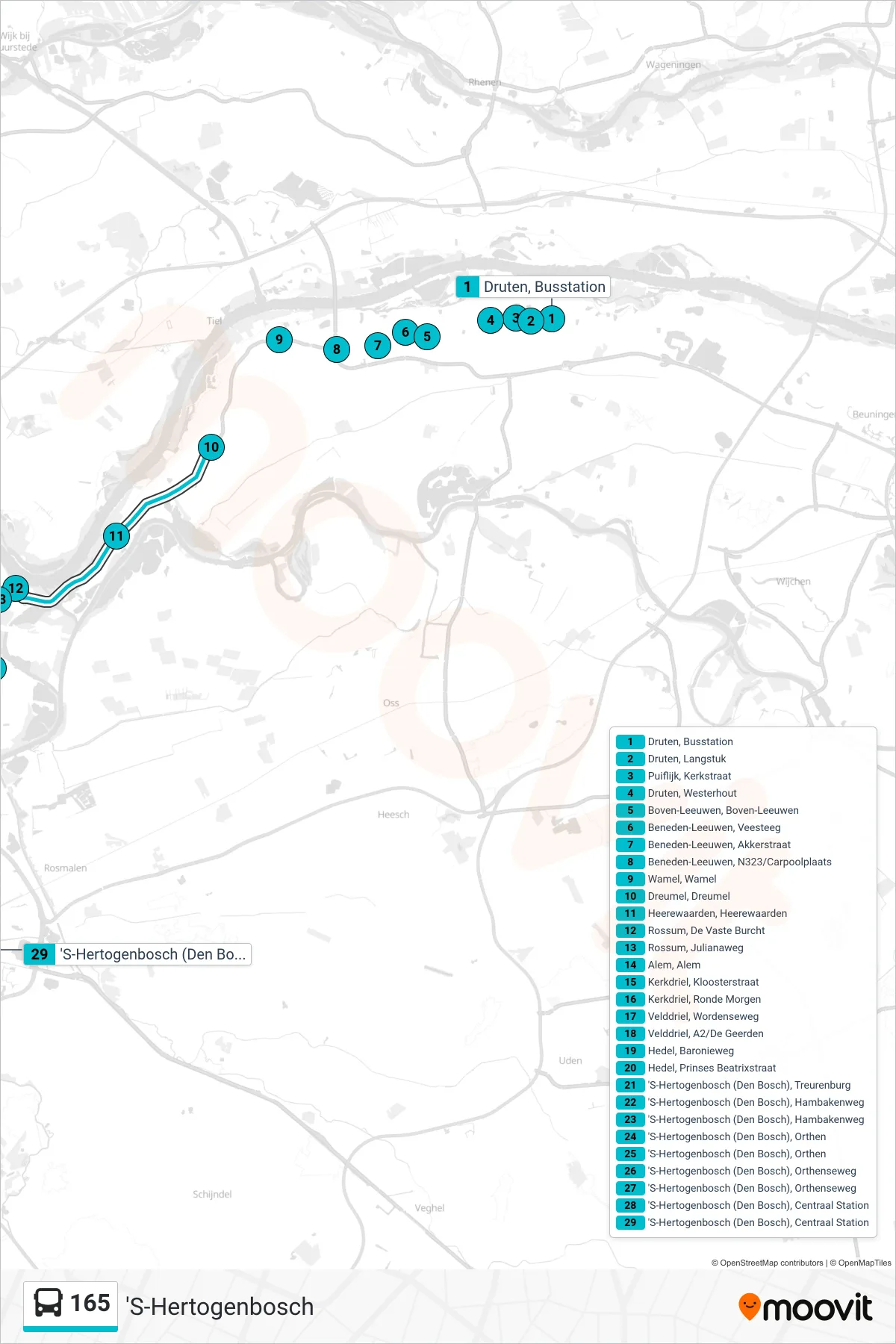 165 bus Line ('S-Hertogenbosch) route and stops on a map