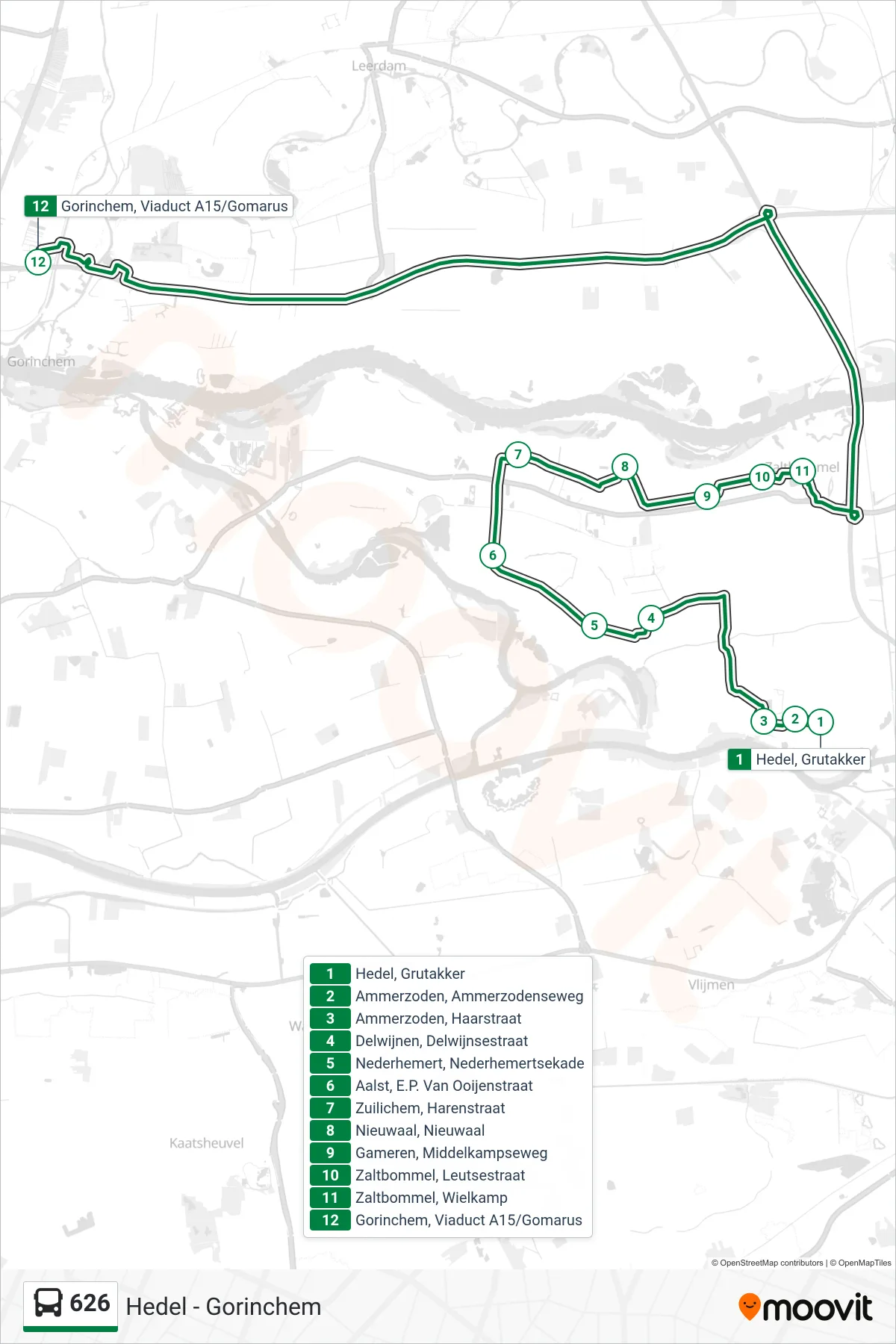 Lijn 626 (bus, Gorinchem): route en haltes op de kaart