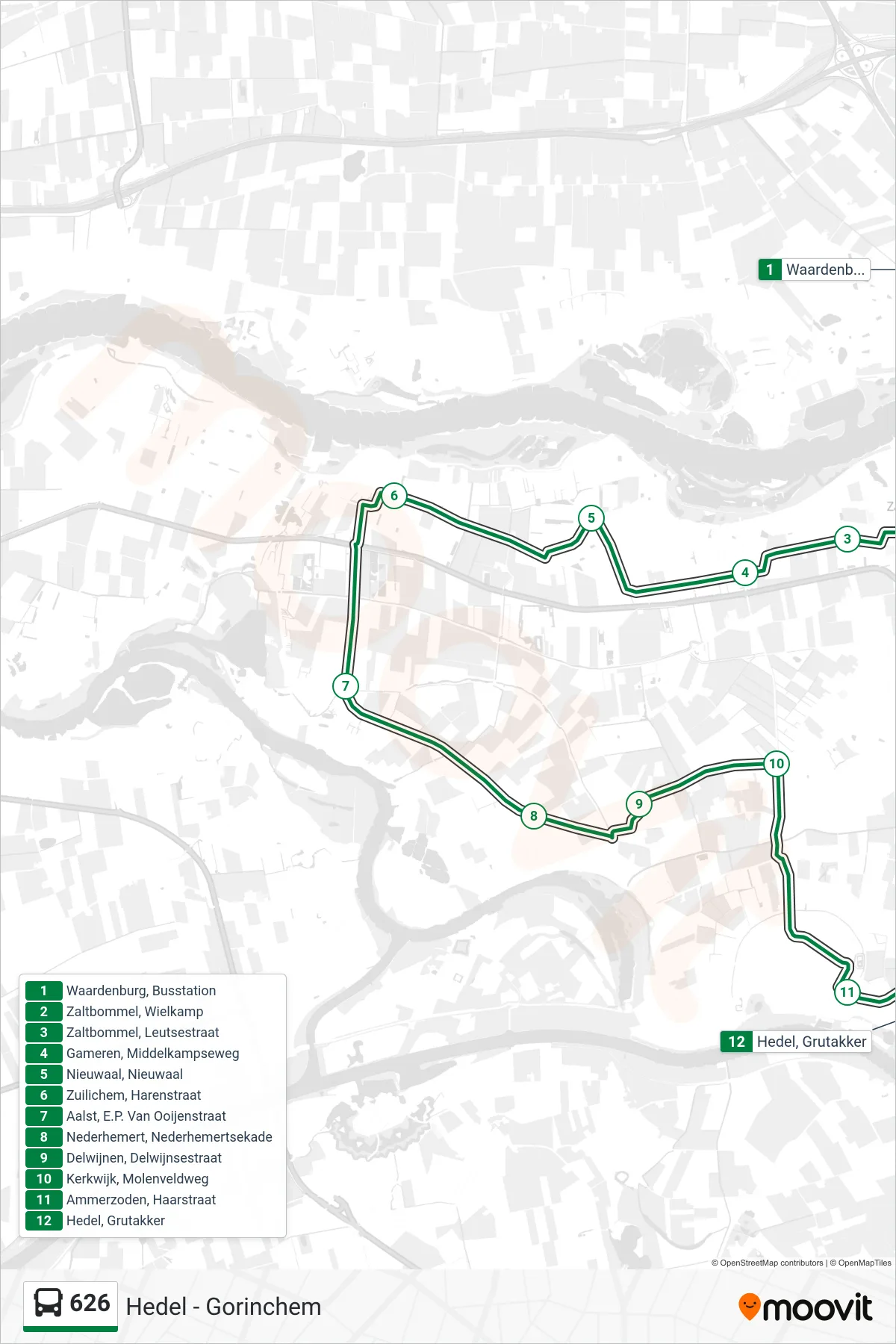 626 bus Line (Hedel) route and stops on a map