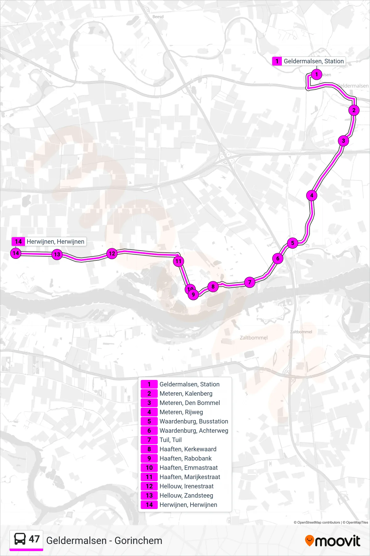 Lijn 47 (bus, Herwijnen): route en haltes op de kaart
