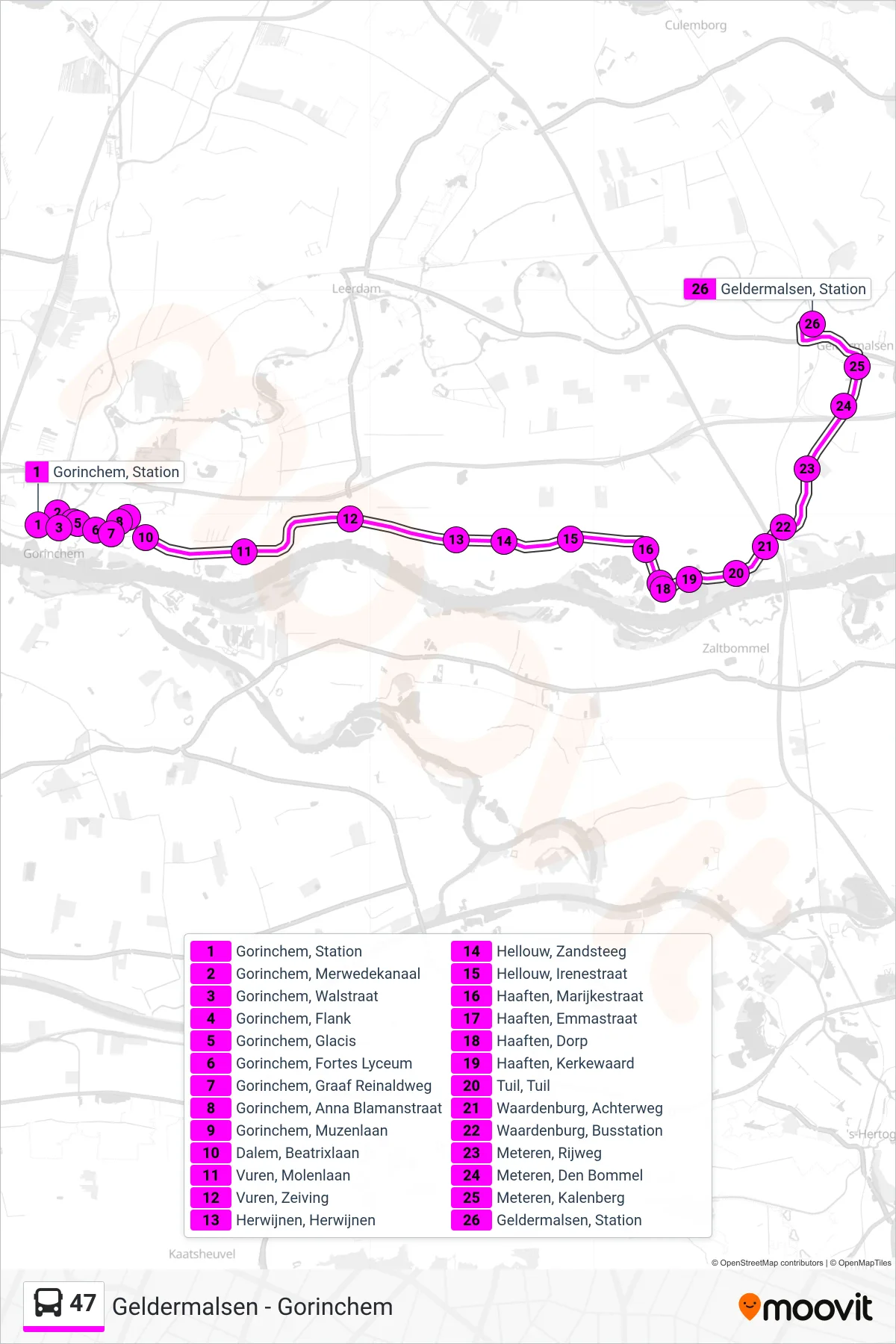 47 bus Line (Geldermalsen) route and stops on a map