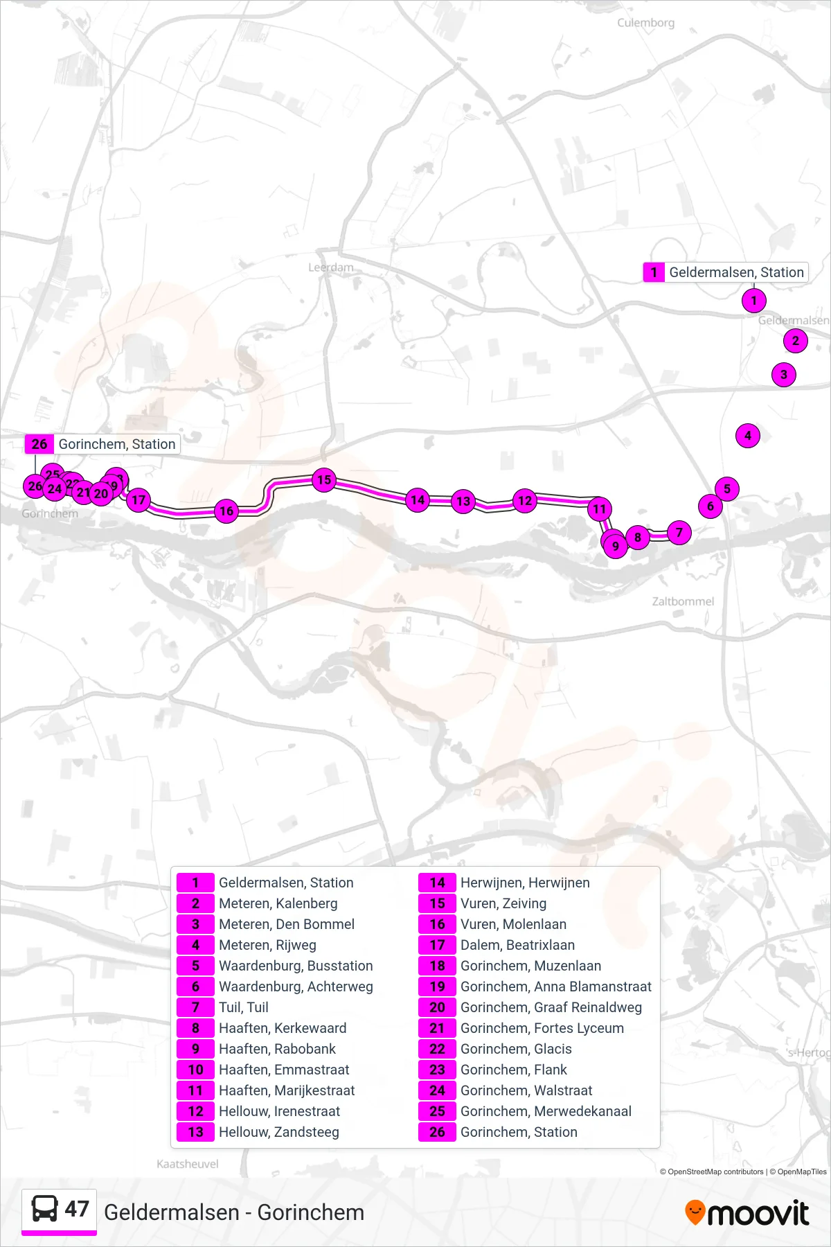 47 bus Line (Gorinchem) route and stops on a map
