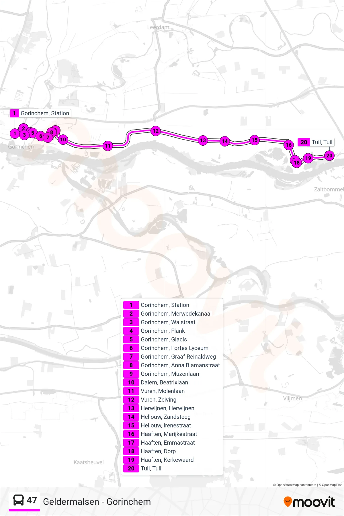47 bus Line (Tuil) route and stops on a map
