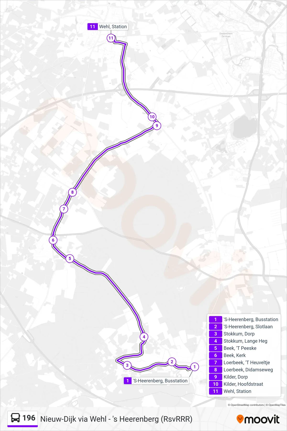 Lijn 196 (bus, Wehl): route en haltes op de kaart