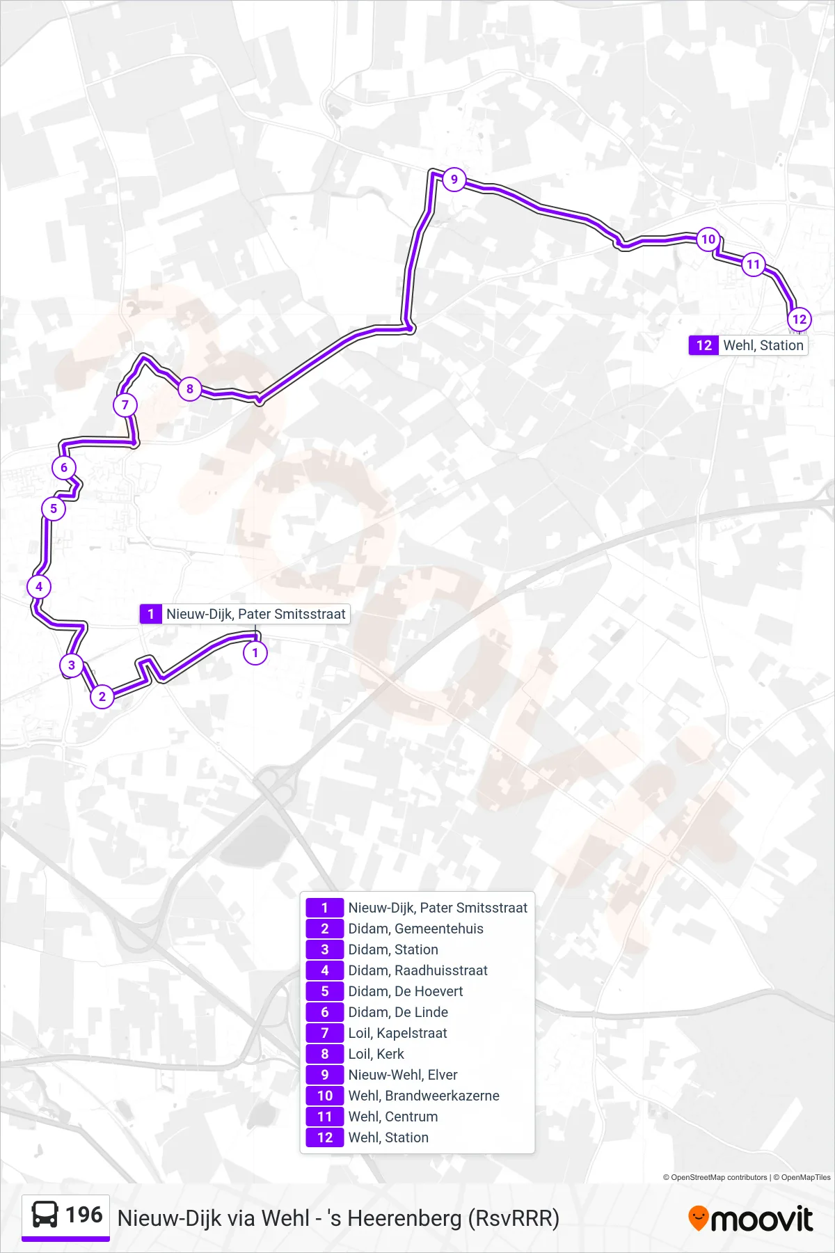 196 bus Line (Wehl) route and stops on a map