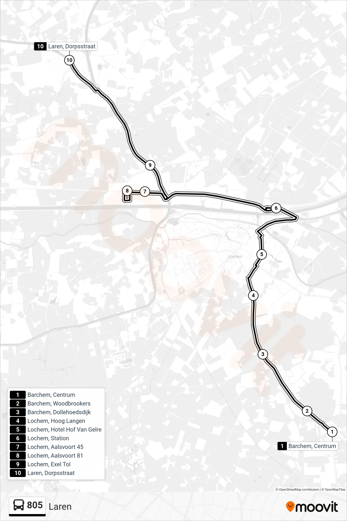 805 bus Line (Laren) route and stops on a map